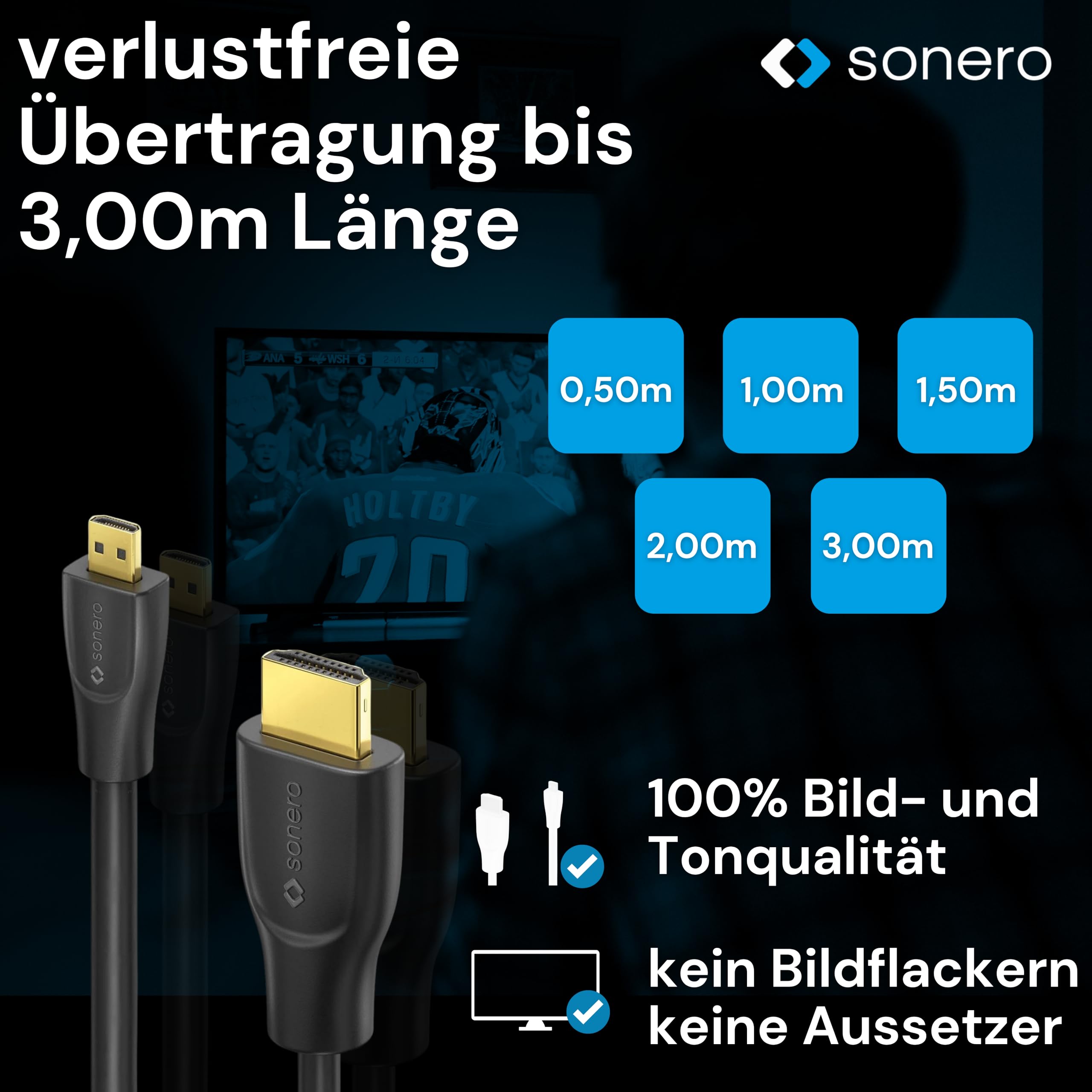 Sonero® Kabel Premium High Speed ​​Micro HDMI do HDMI 4K, wtyczka Micro HDMI D do HDMI A, pozłacane styki, podwójne ekranowanie, 0,50 m