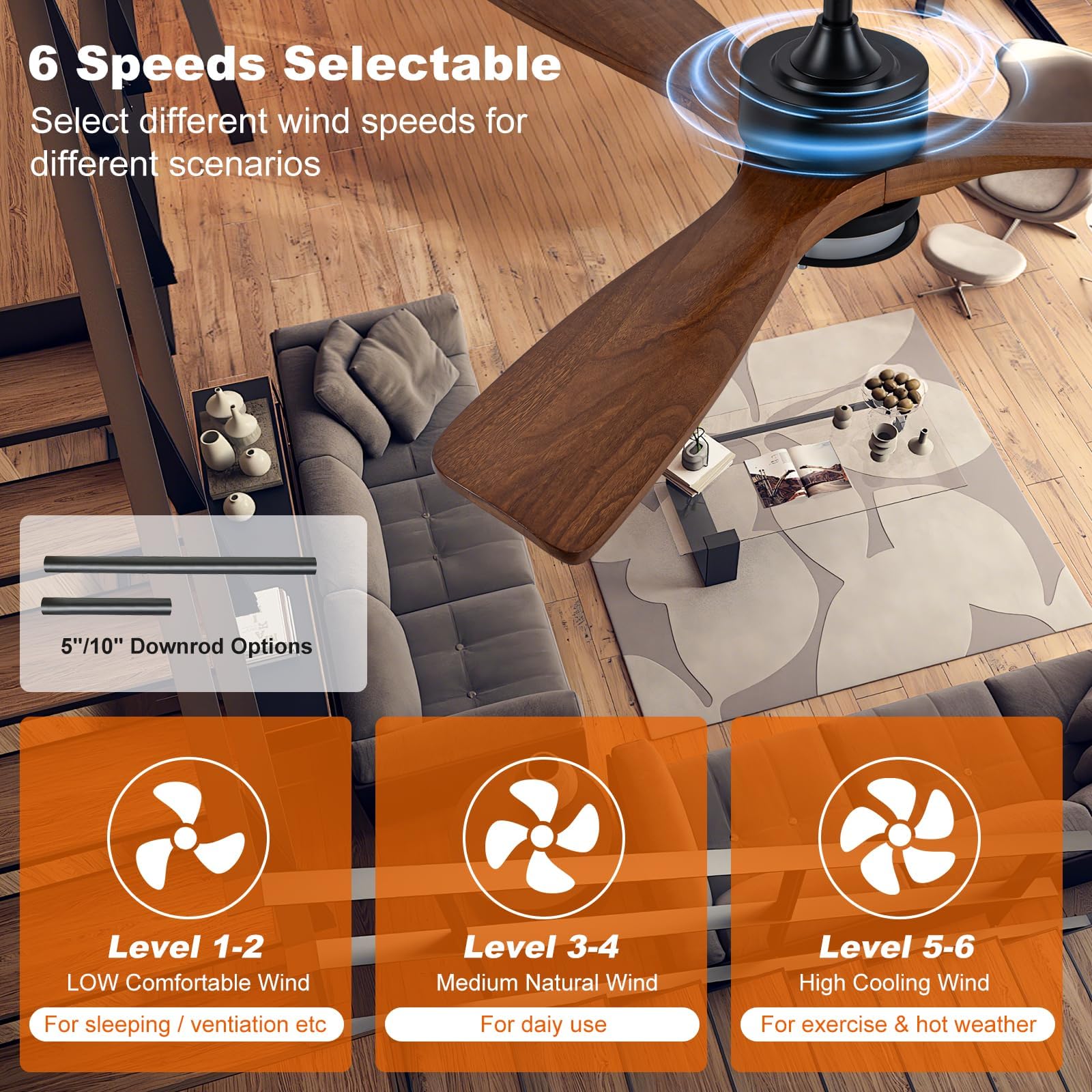 52 Outdoor Ceiling Fan with Light 3 Walnut Solid Wood Blade Remote Control 3CCT Dimmable LED Timer 6-Speed — view 4