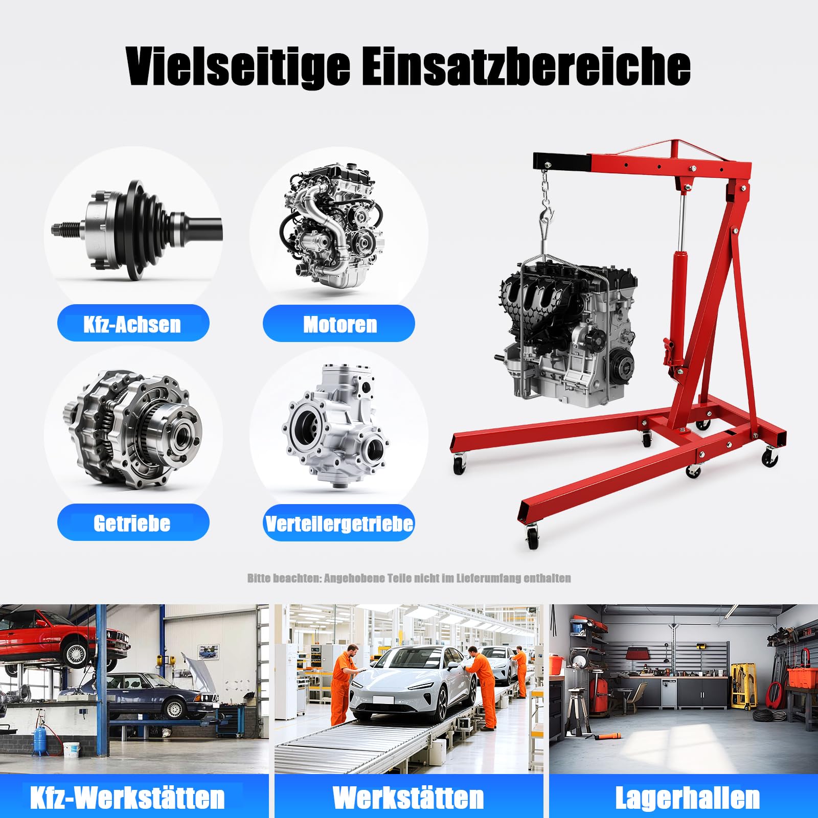 Werkstattkran Klappbar mit 4 Einstellbaren Positionen, 2000 KG Motorkran Motorheber aus Kohlenstoffstahl, 6 Eisen-Lenkrollen, Max. 210 cm Hakenabstand vom Boden, Rot (2-Pack-Sendung)