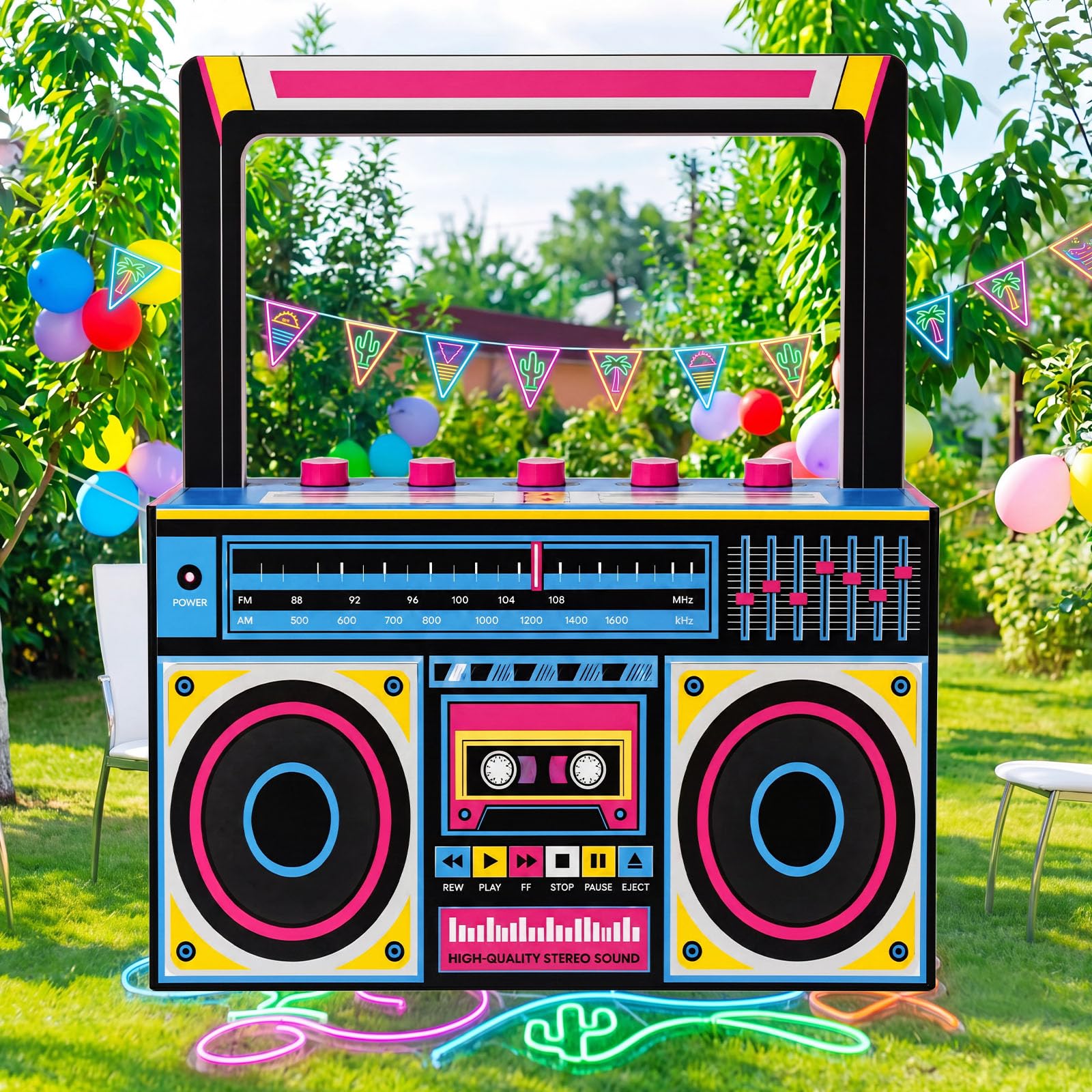 Pasimy 1,5 m Neon Boombox Photo Booth Puntelli anni '90 Retro Radio Speaker Selfie Frame Sfondo Cartone per 80s 90s Hip Hop Musica Tema Decorazione Festa di Compleanno Anni '80 Disco Rock Party