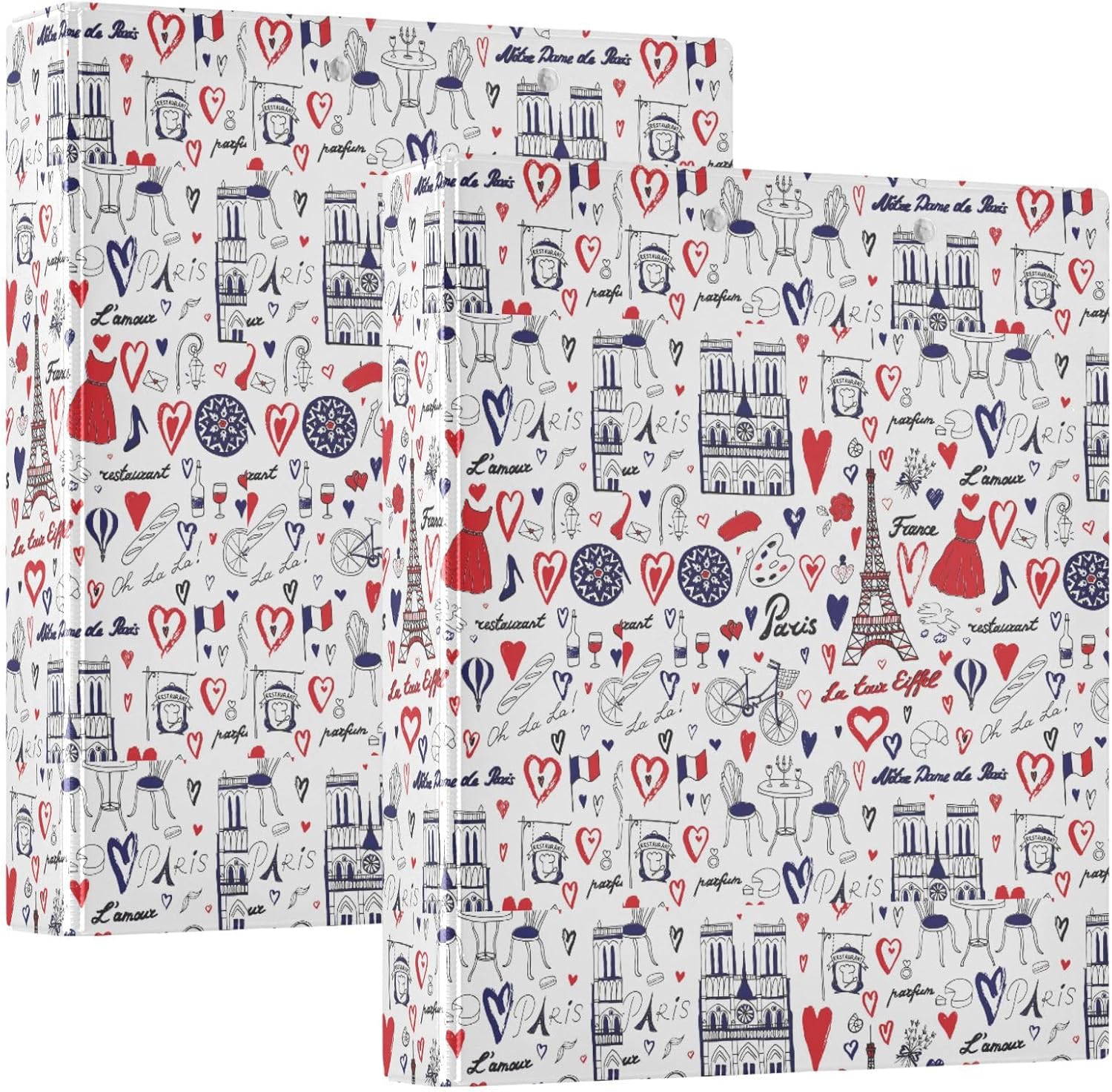 Hearts Trendy French Paris Icon Themed 3 Ring Binder 1.5" Decorative D-Ring Binder with Clipboard&3 Clear Pockets, Holds 200 Sheets A4 Size Paper Waterproof Binders for School Home Office, 2 Pack