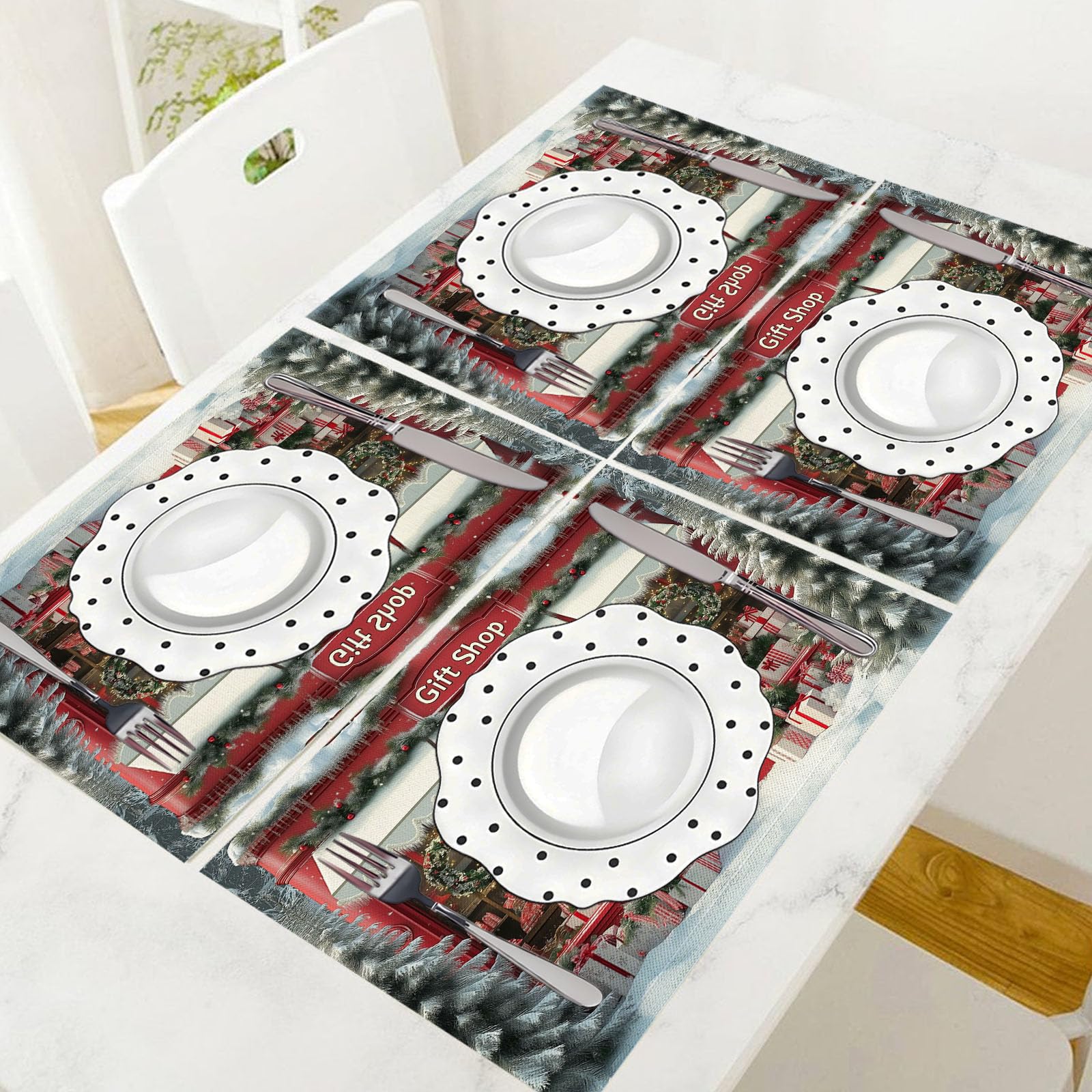 Decoración de mesa de Navidad, juego de 6 manteles individuales de tienda de chocolate, decoración de Navidad, manteles individuales rojos profundos para el hogar, lavables, a prueba de calor