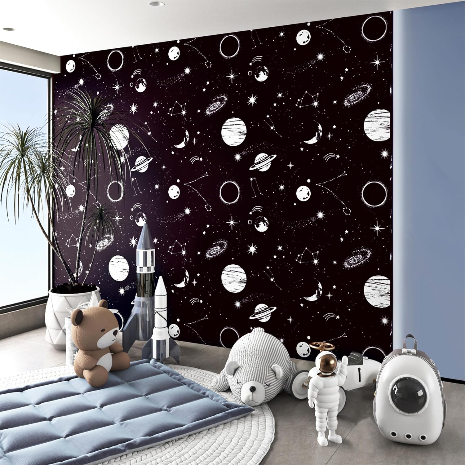 ReWallpaper Galaxy Sky Peel and Stick Wallpaper Stars Moon Planets Constellations Black Outer Space Wallpaper Contact Paper Peel and Stick 17.5in×10ft Bedroom Bathroom Kids Playroom Living Room Wall