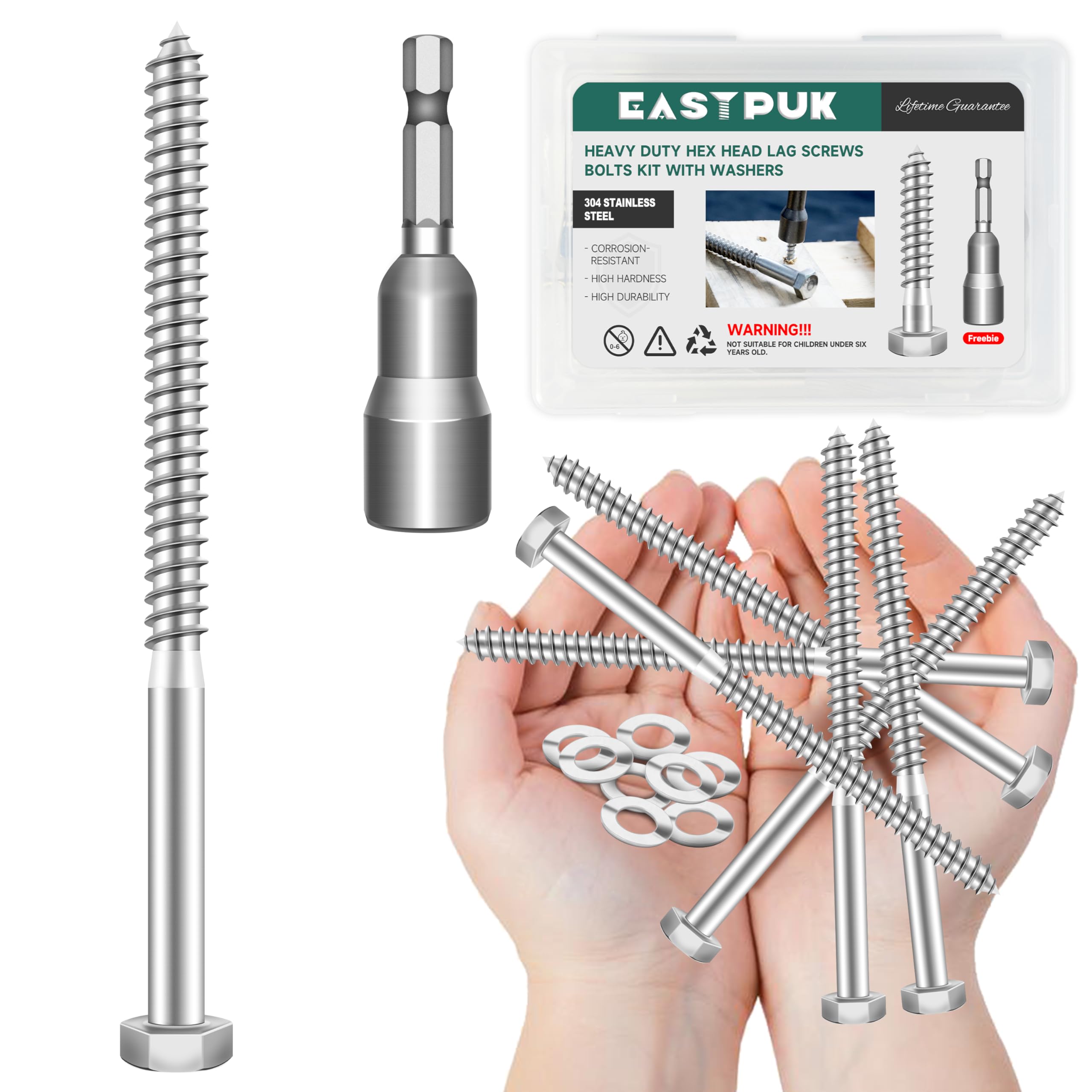 Stainless Steel Lag Screws - 8 Pack, 3/8" x 4" -15