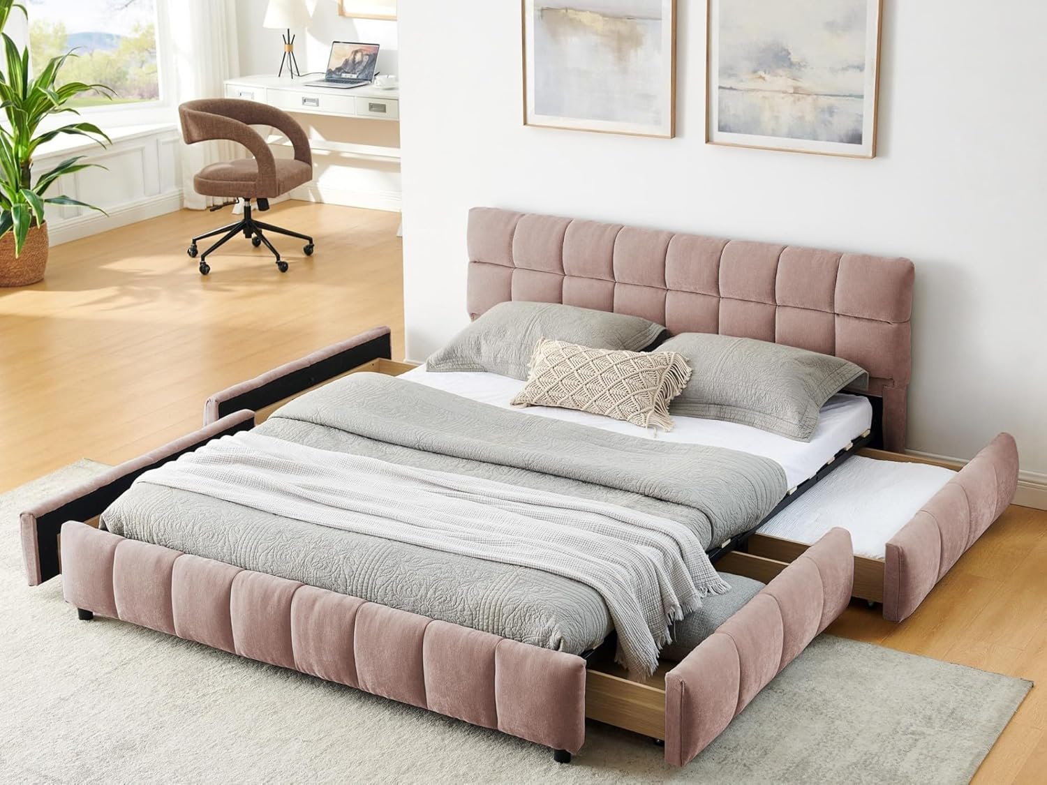 KEIKI Queen Thick Chenille Bed Frame with 4 Storage Drawer & Upholstered Tufted Headboard, Modern Solid Wood Floor Platform for Bedroom, No Box Spring Needed