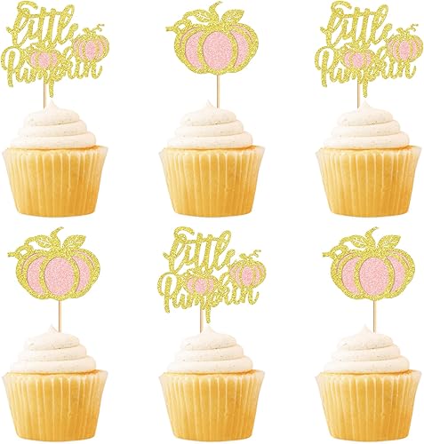 24 adornos para cupcakes de calabaza con purpurina para cupcakes de calabaza, decoración de baby shower, temática de cosecha de otoño, suministros