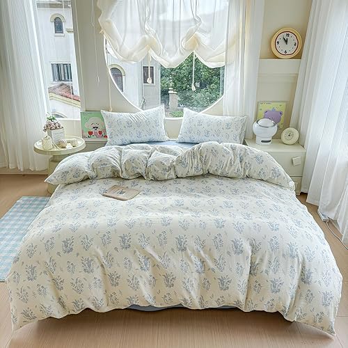 Miniatura 48 de Juego de funda de edredón floral tamaño individual, de algodón suave, 3 piezas, transpirable, con estampado de flores, estilo Shabby Chic, para B