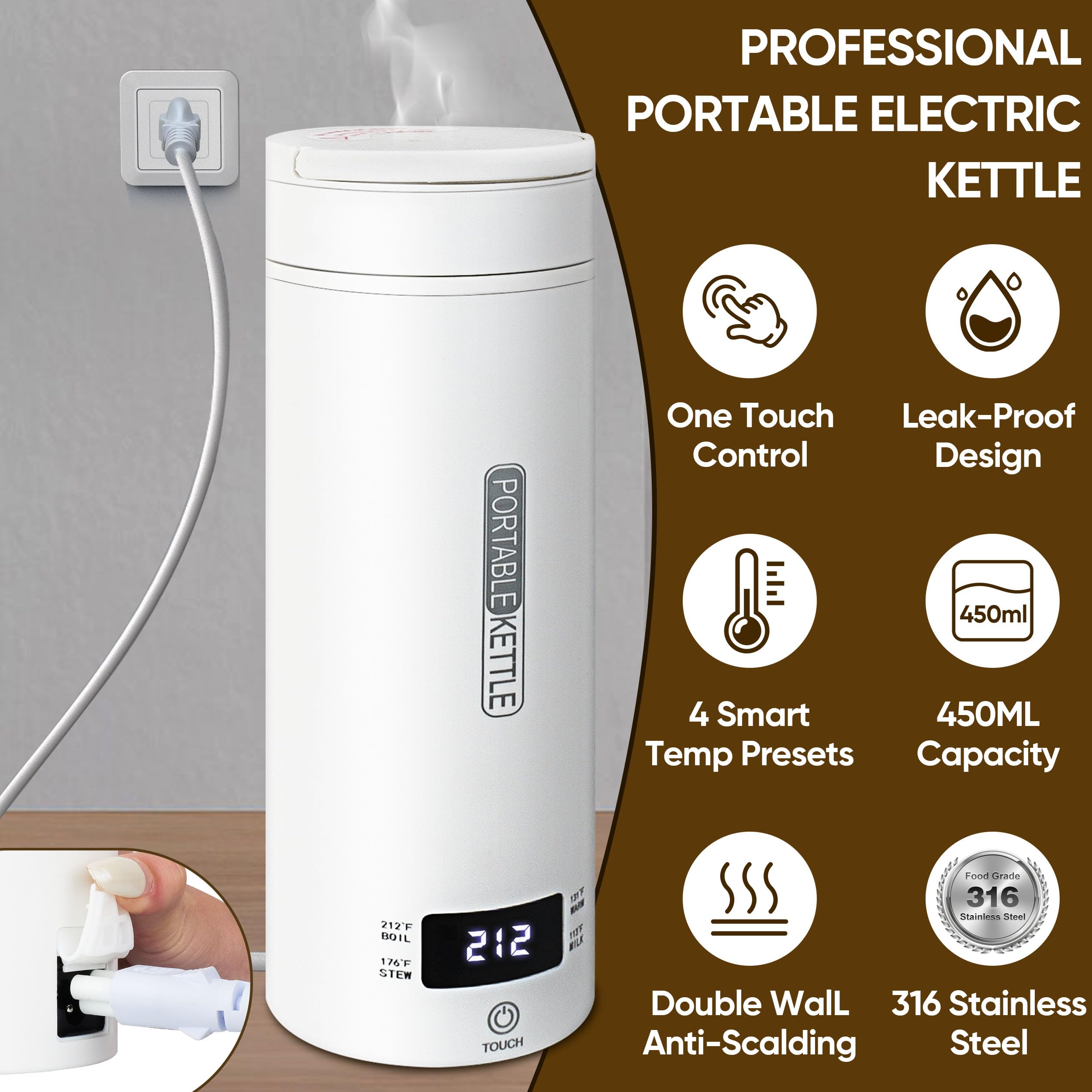 Hervidor eléctrico de viaje, calentador de agua caliente inteligente portátil, calentador de té y café, 15.2 fl oz, acero inoxidable 316, 4 controles de temperatura, pantalla LCD, agua hirviendo 2