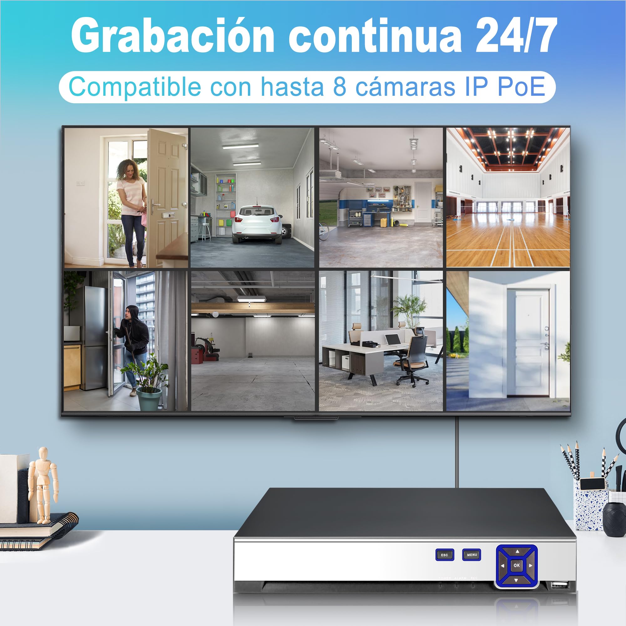 Juego de cámaras de vigilancia 4K para Exteriores, 8 Canales PoE con Disco Duro de 1 TB, Grabador de vídeo en Red para Sistema de cámara CCTV para Seguridad en el hogar, Solo Funciona con cámaras IP