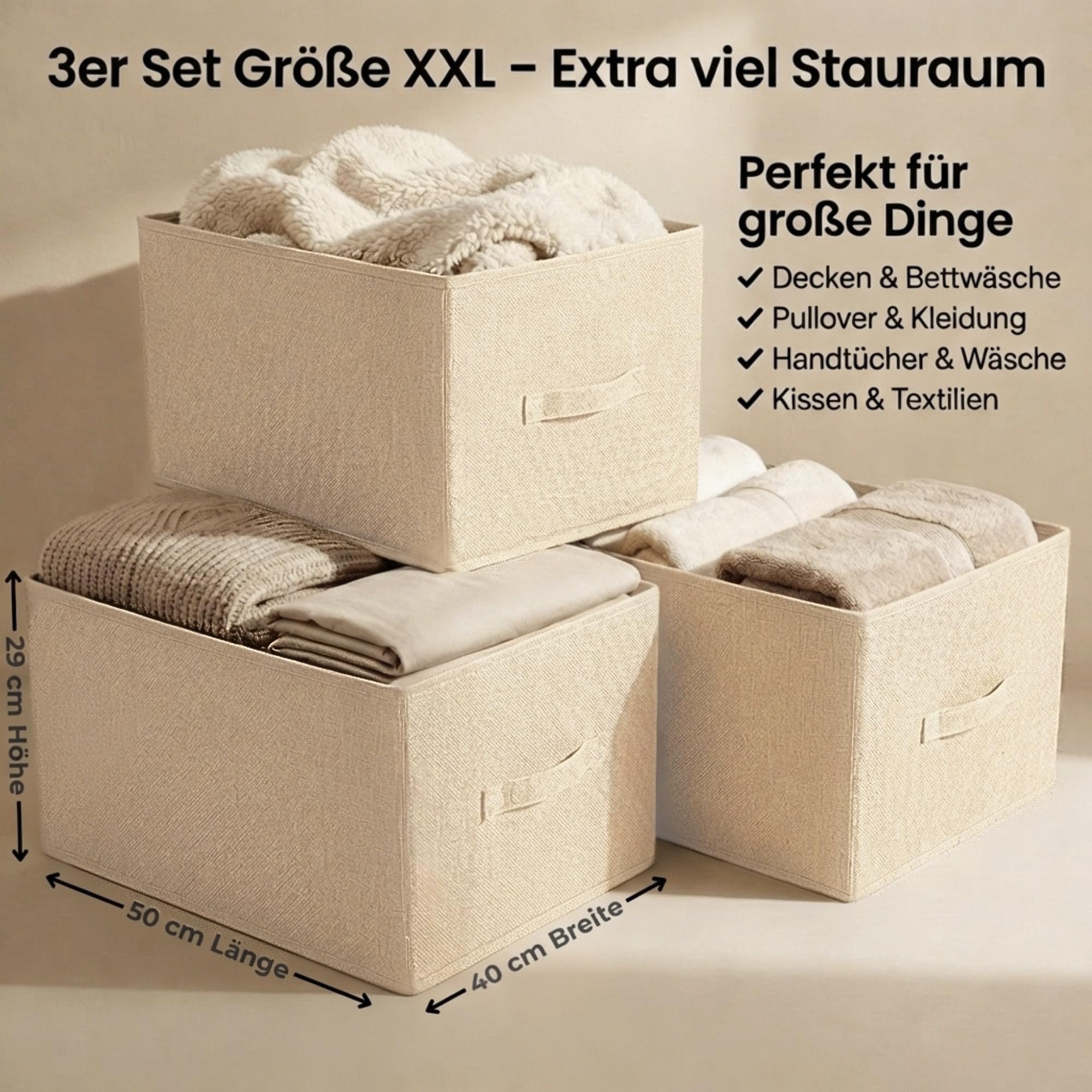Aufbewahrungsbox Stoff 3er Set XXL – Organizer mit Griffen – Baumwolle & Leinen – Aufbewahrungskorb – faltbar für stilvolle Ordnung im Zuhause – Beige