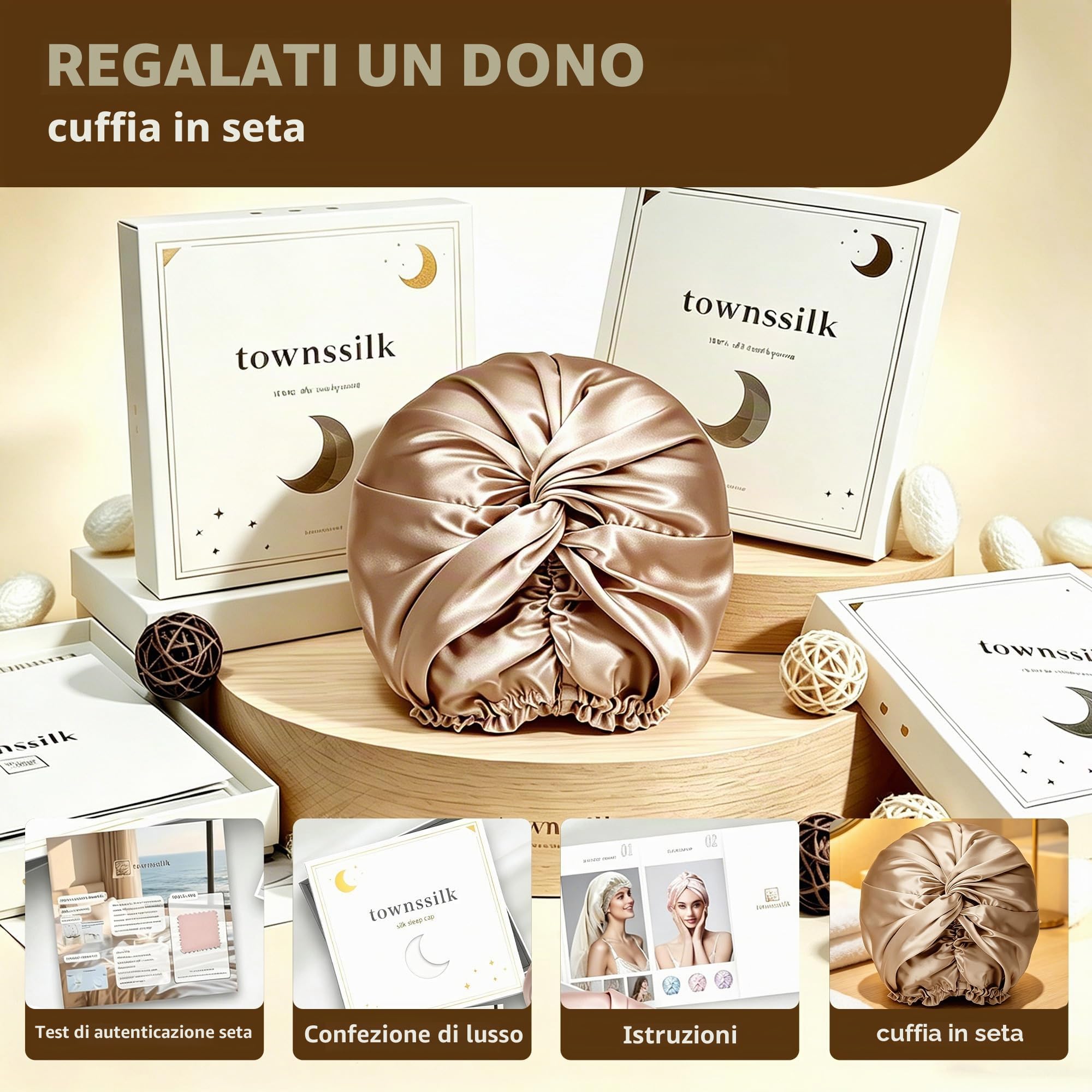townssilk 100% Seta di gelso, Cappello da Notte da Donna, 16 Momme, in Seta, Ideale per i Capelli, Protegge i Capelli, Cappello da Notte in Seta, Doppio Strato,Coffee