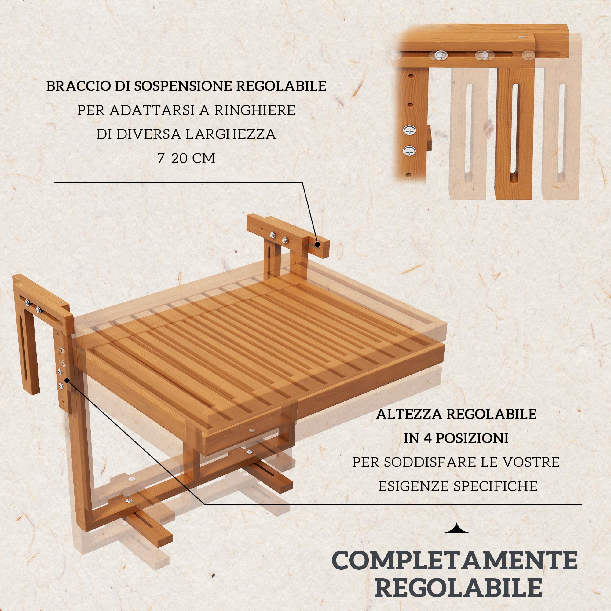Outsunny Tavolino da Balcone Pieghevole Regolabile in Altezza 40.5-55cm, Legno di Pino, Teak