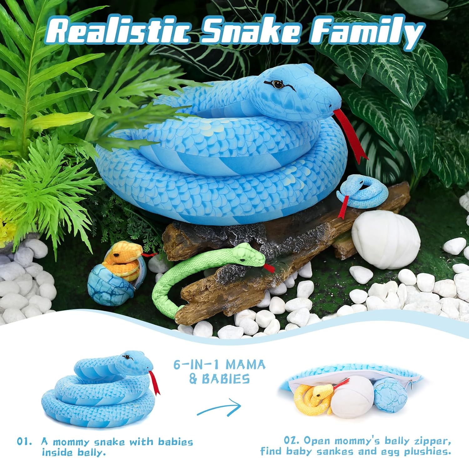 MorisMos Giant Snake Stuffed Animals Mommy with Babies & Eggs,55" Mama Stuffed Snake Toy for Kid Girl Boy,Realistic Blue Anaconda Toy,Colorful Baby Python Toys for Halloween Decor/Jungle-Themed Party