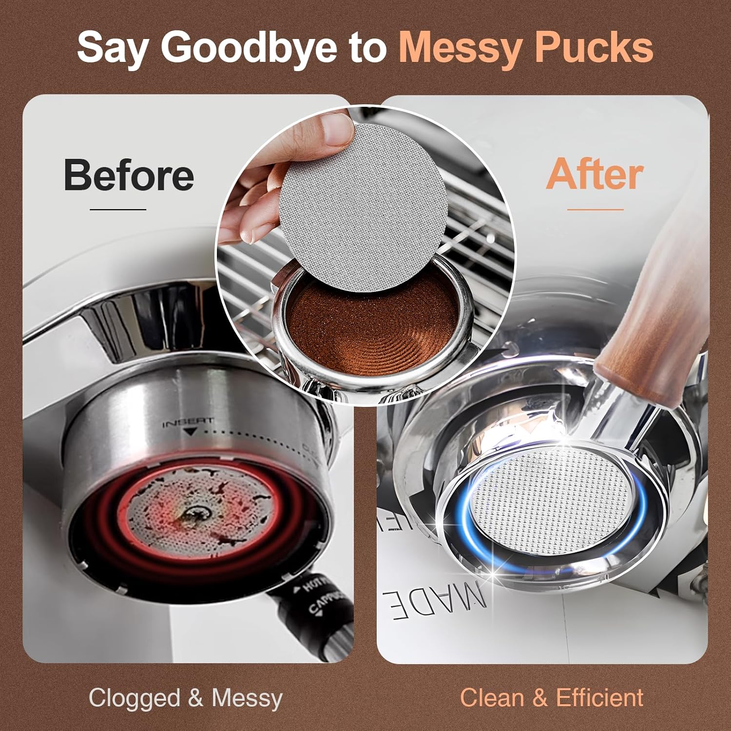 54mm Bottomless Portafilter with Puck Screen, Compatible with Breville BES870/880 & Solis etc., 3-Ear Stainless Head