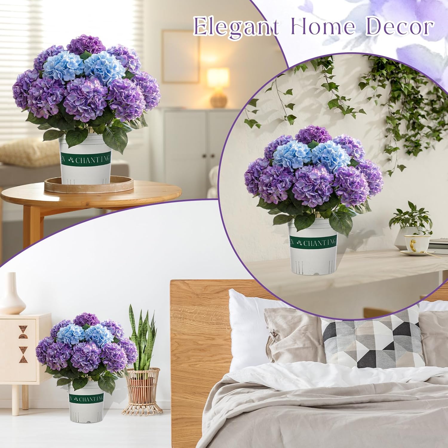 2 Pack Artificial Hydrangea Flowers in Pot, 20 Inch Faux Silk Hydrangea Arrangement, Gradient Purple Potted Fake Flowers for Table Centerpiece, Home, Wedding, Entryway Decor(Gradient Purple)