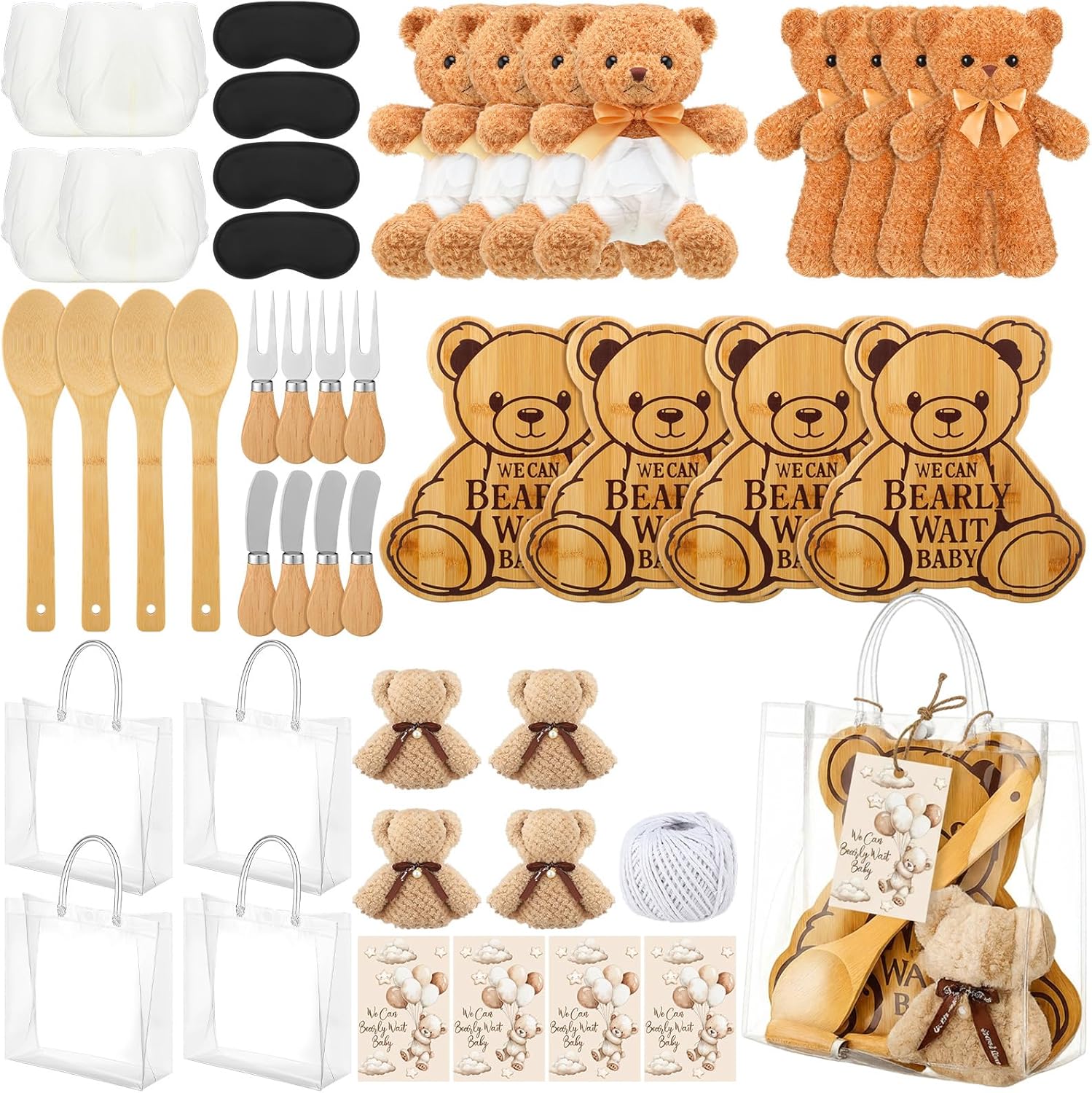 4sets/40pack Baby Shower Game & Prizes - 4 Set Blindfolded Diaper Changing Baby Shower Games and 4 Set Game Prizes for Winners Include Cutting Board Plush Bear Diaper Blindfold Knives Fork Spoon Towel