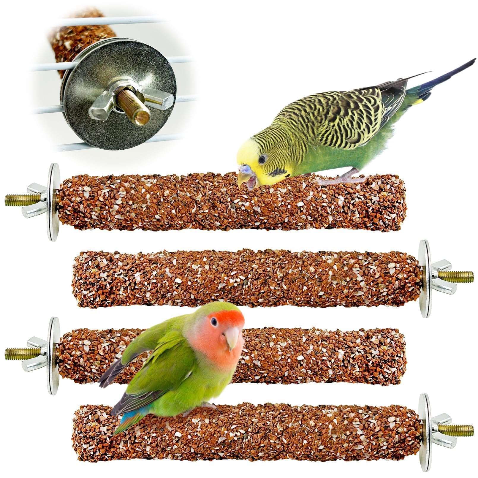 PINVNBY 4 PCS Natural Bird Perches Calcium Mineral Parakeet Chewing Toy Sticks Parrot Beak Grinding Stone Cage Accessories for Small Medium Budgie Cockatiel Conure Lovebird