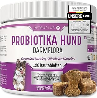 PETSUPLUS Probiotika Hund, 120 Kautabletten, Dogs Hunde Nahrungsergänzungsmittel mit Flohsamenschalen, Repariert die Darmflora & schützt das Immunsystem, Kur Gegen Durchfall Erbrechen und Sodbrennen product image