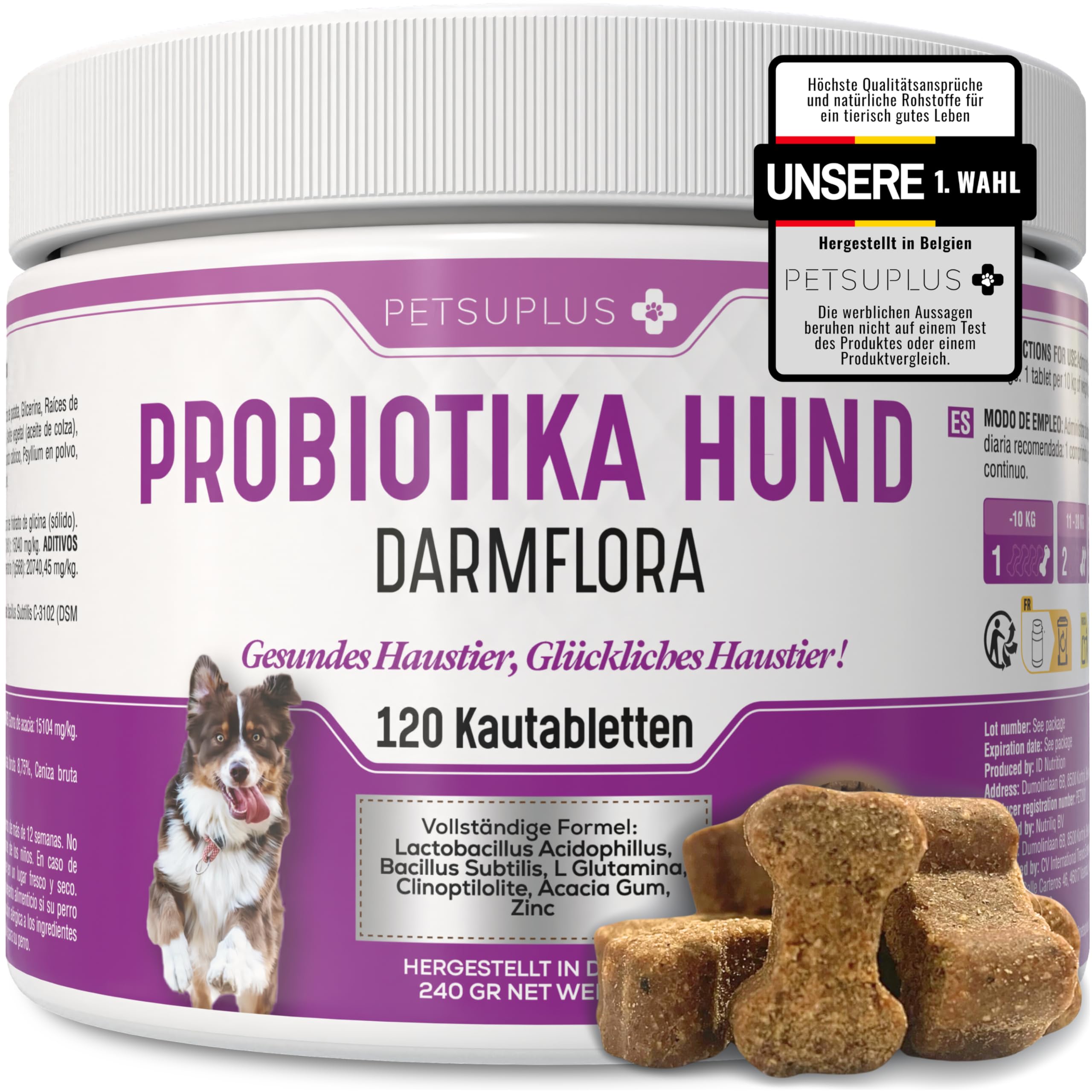 PETSUPLUS Probiotika Hund, 120 Kautabletten, Dogs Hunde Nahrungsergänzungsmittel mit Flohsamenschalen, Repariert die Darmflora & schützt das Immunsystem, Kur Gegen Durchfall Erbrechen und Sodbrennen
