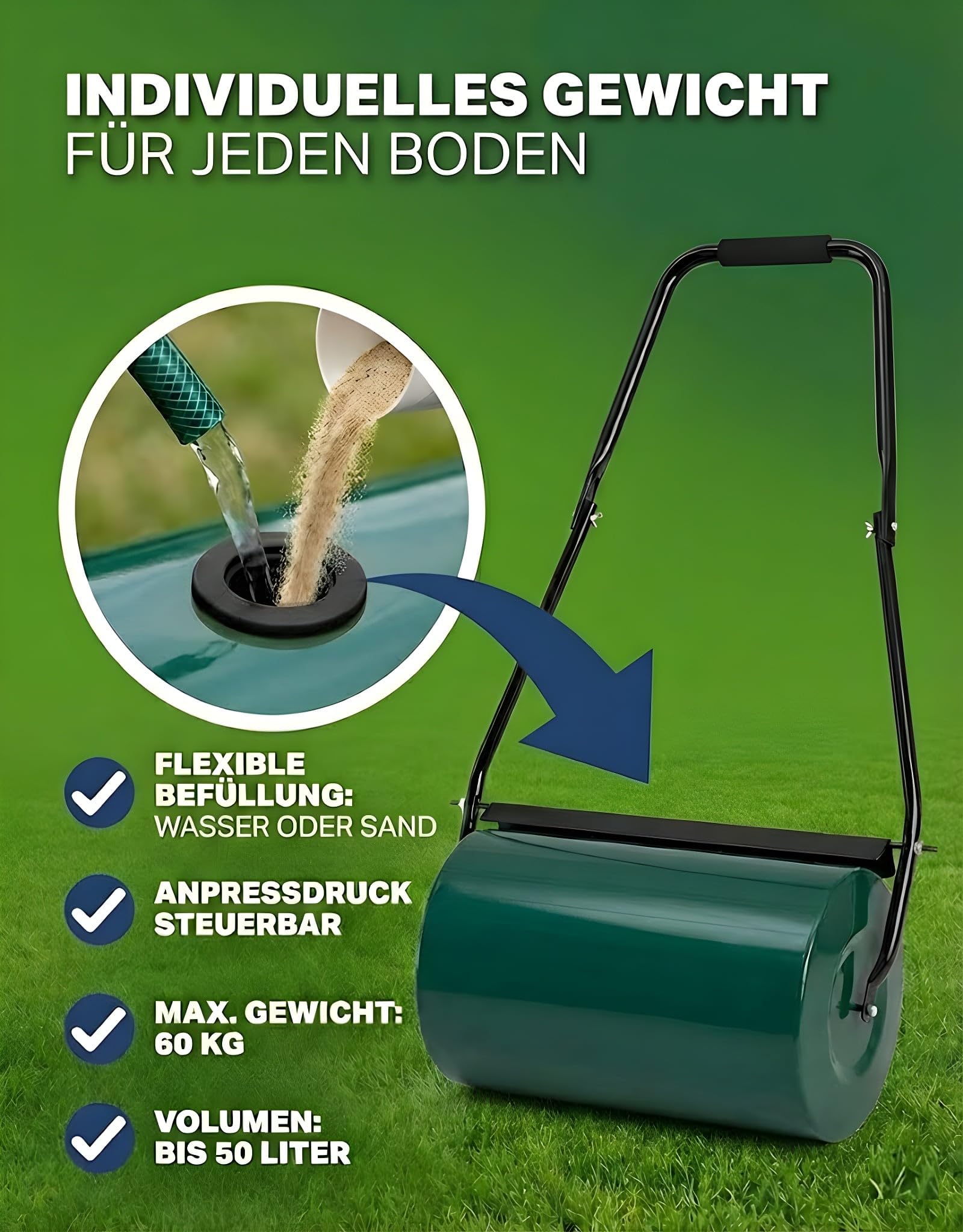 Rasenwalze aus Metall 48 l – befüllbare Gartenwalze mit 60 cm Arbeitsbreite | ergonomischer Griff, Schmutzabweiser, bis 60 kg Gewicht | ideal zum Andrücken von Saatgut & Bodenverdichtung