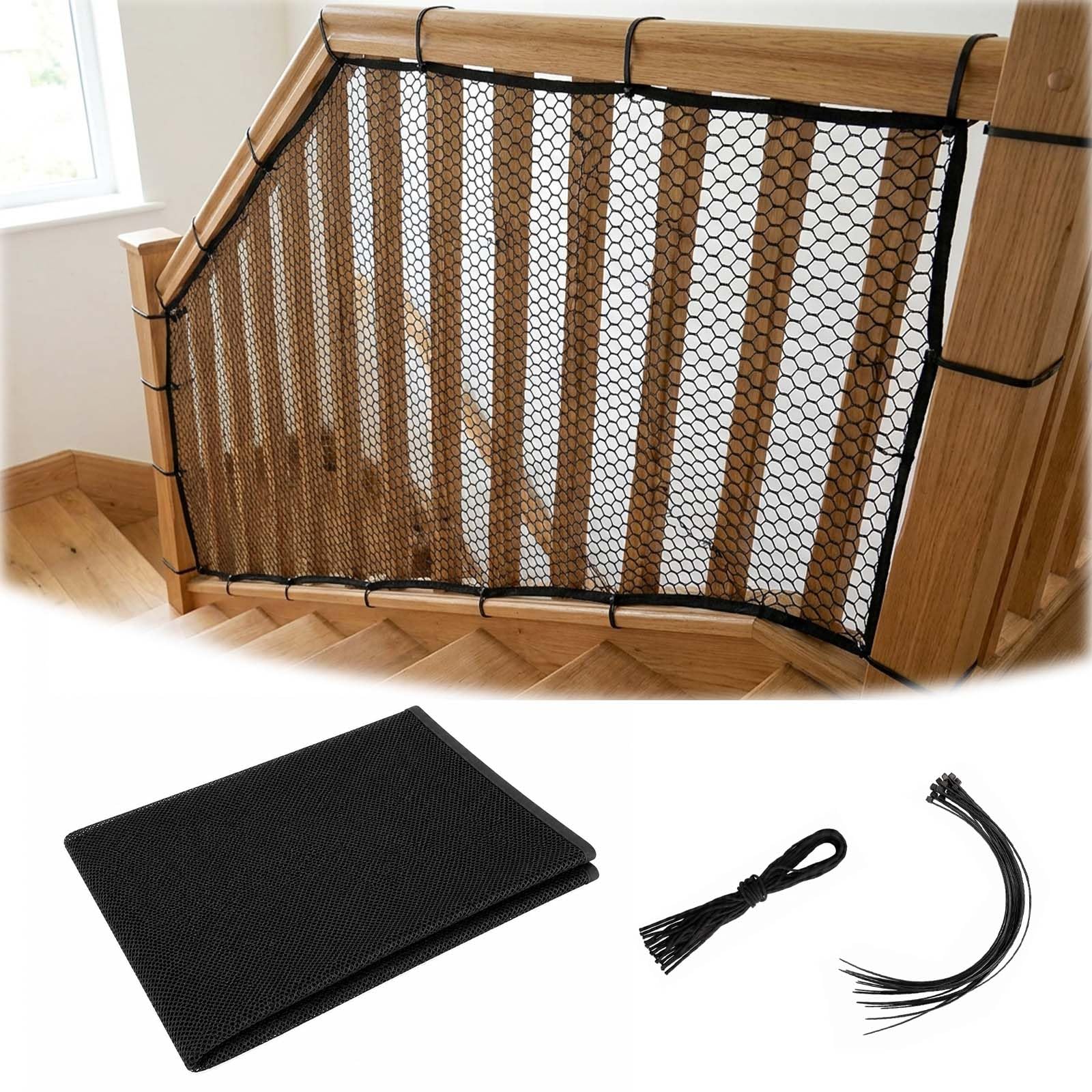 300 * 78 cm Filet Sécurité Escalier Enfant, Filet Protection Balcon Sécurité Garde Corps avec 15 Sangles 25 Cordes Nylon, Découpable pour Escalier Fenêtre Animaux Noir