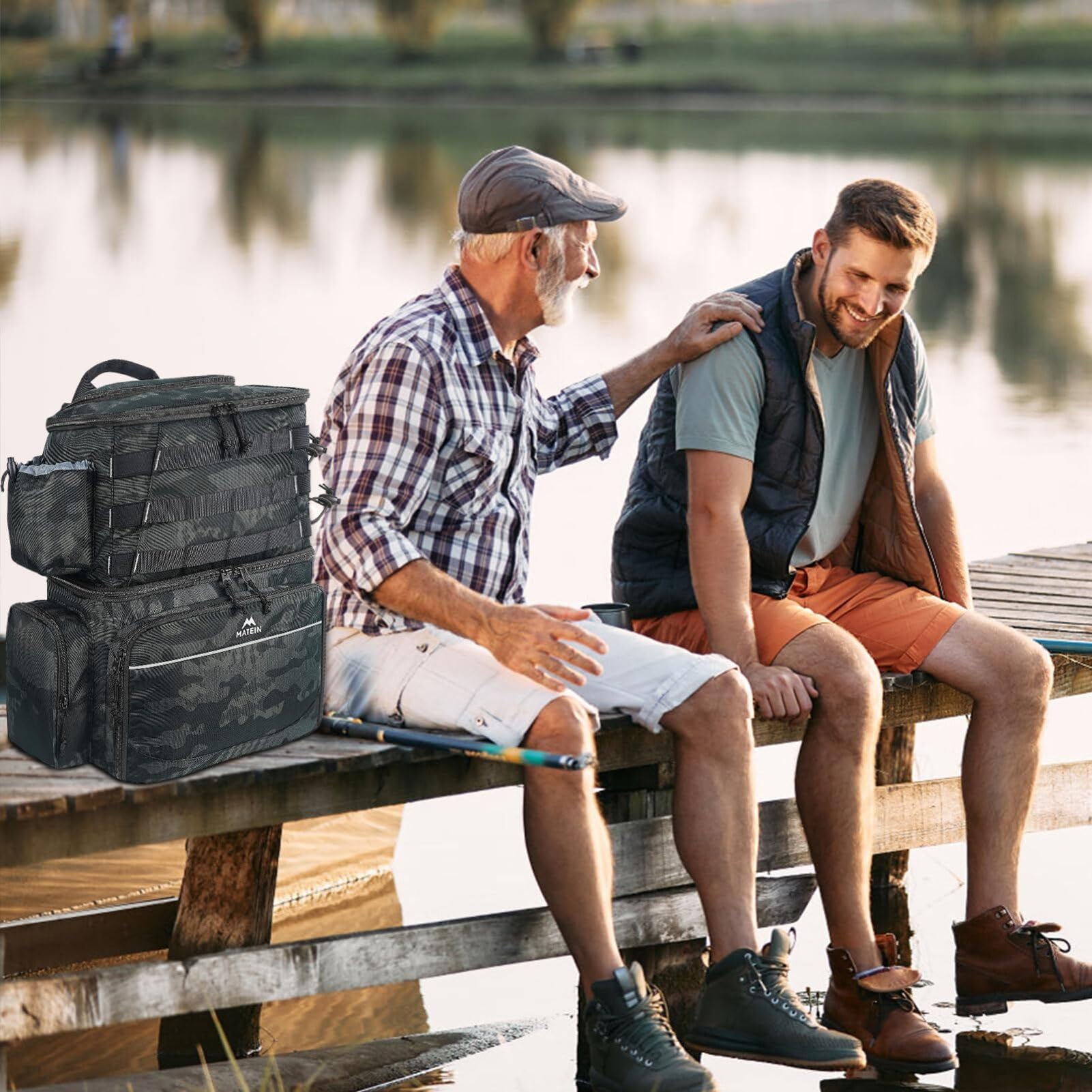 MATEIN Angelrucksack mit Rutenhalter, Wasserdichter Angel Rucksack Herren mit Isoliertes Kühlfach, Angelrucksack für Angeln Wandern Camping Trekking, Geschenke für Angler Männer, Camouflage