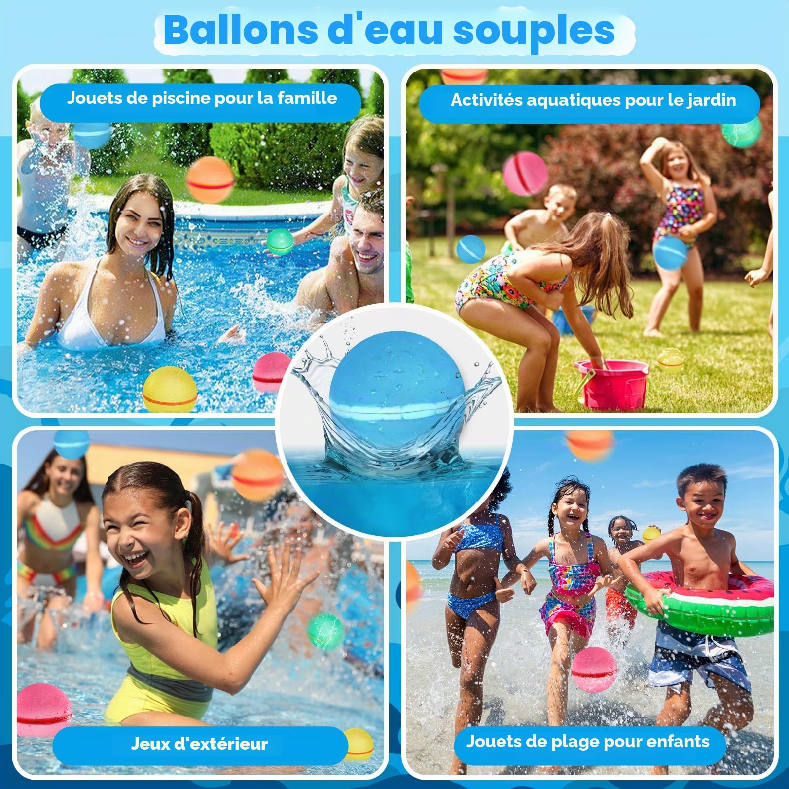 Bombe a eau Réutilisable, 15Pcs Ballons Bombes d'eau à Fermeture Automatique et Remplissage Rapide, Ballon d'eau Reutilisable Jeux d'eau Exterieur pour Enfants Adultes Plage Piscine et Jardin