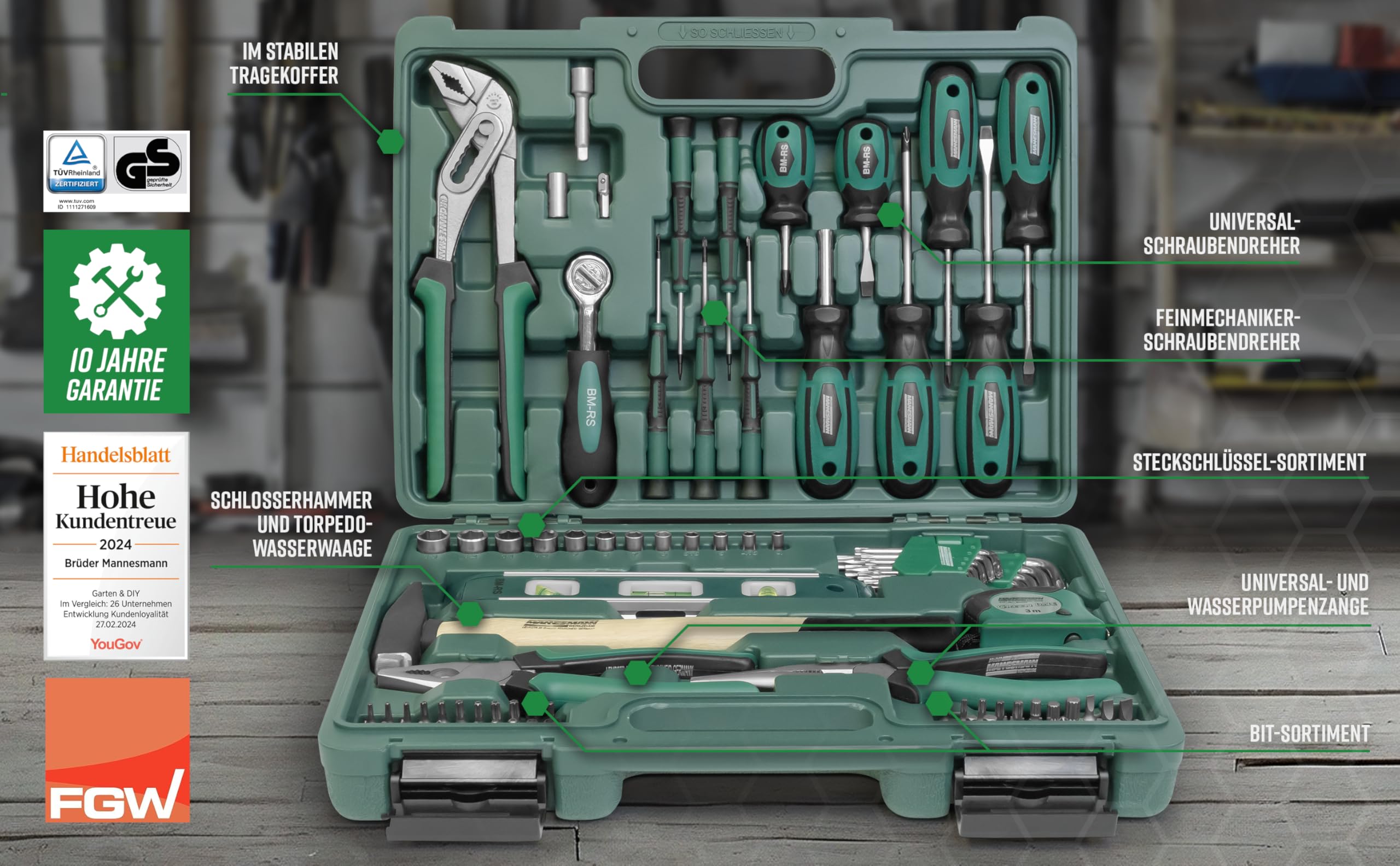 Brüder Mannesmann Werkzeugkoffer, 87-teilig - Werkzeugset mit Werkzeug aus Chrom-Vanadium-Stahl - inkl. Schraubendreher, Zangen, Hammer, Wasserwaage, Stecknüsse & Bits | M29084 - 3