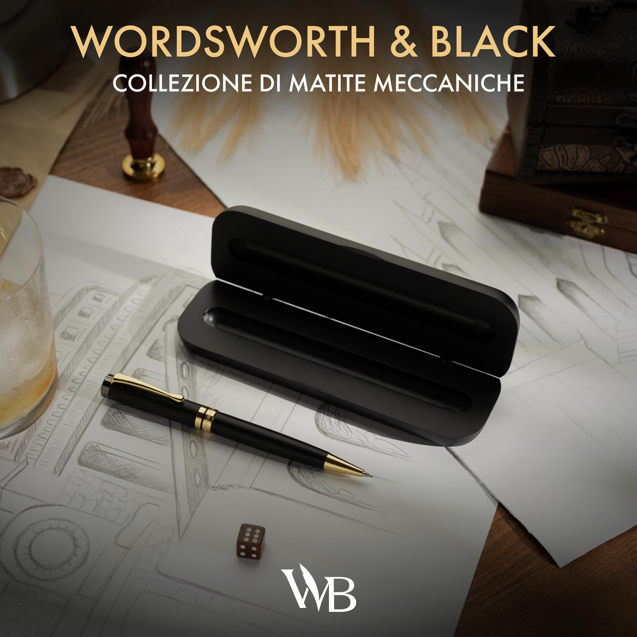 Wordsworth & Black Set Matita a Scatto Bambù 0,7mm – Meccanismo Rotazione – Scrittura e Disegno Professionale – 20 Mine HB, Confezione Regalo [Legno Nero]