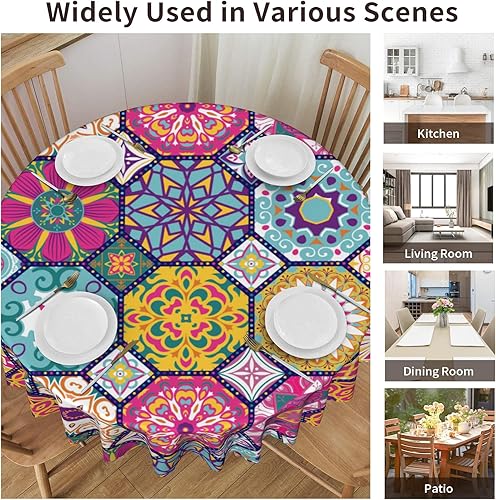 Miniatura 5 de MAST DOO Mantel redondo de 60 pulgadas, mantel circular marroquí, repelente al agua, resistente a las manchas, sin arrugas, para cocina, comedor,