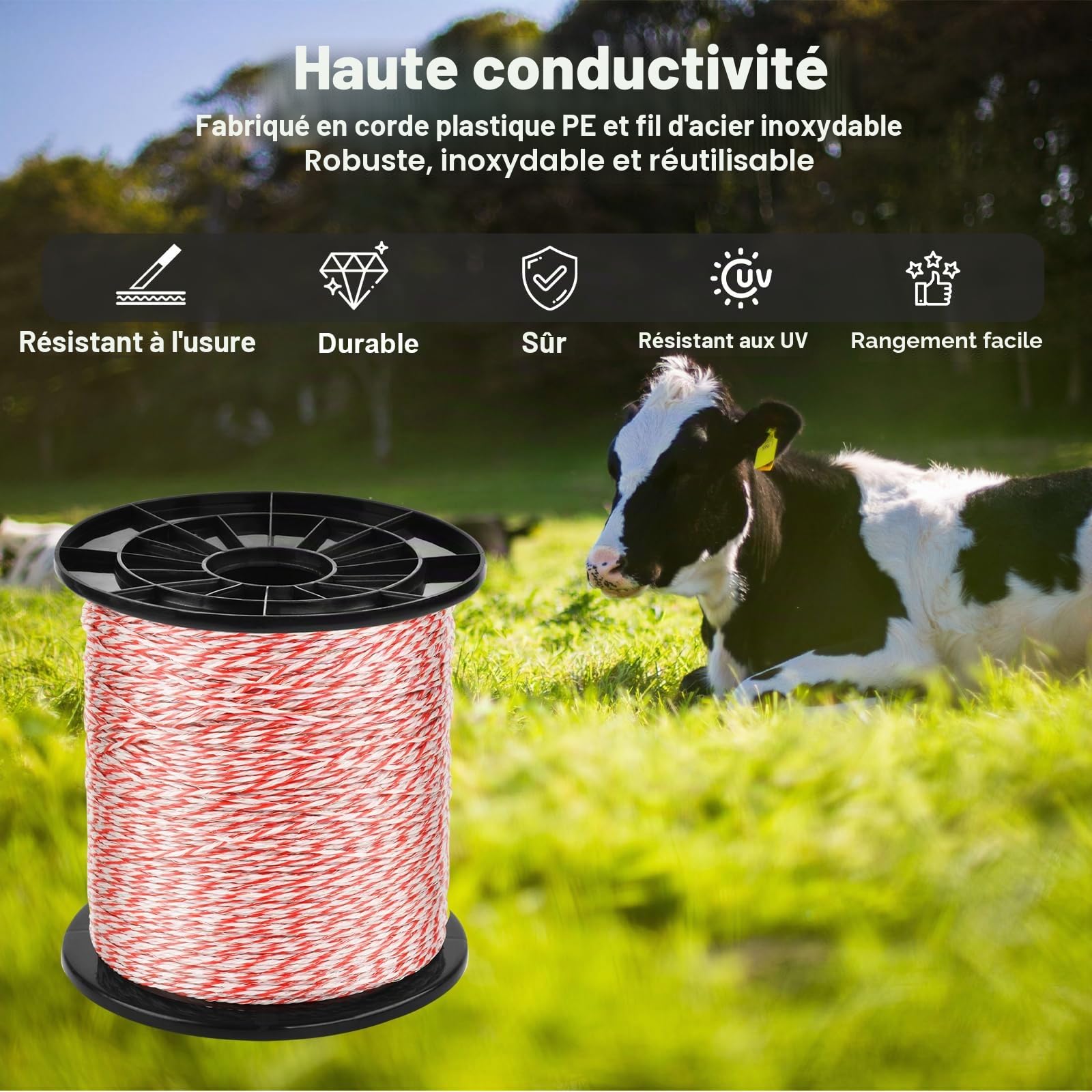 Corde de Clôture Electrique, Clôture de Fil de Bétail en Acier Inoxydable Corde Conducteur de Clôture Accessoires de Clôture Electrique pour (1000M) | Corde de Clôture Electrique Clôture de Fil de Bétail en Acier Inoxydable Corde Conducteur de Clôture Acc