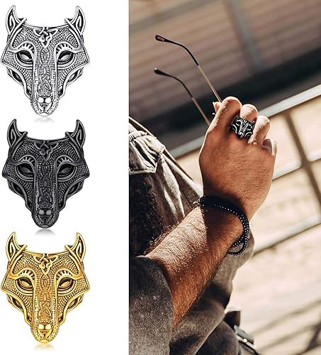 Vista 6 de FaithHeart Norse Viking Jewelry - Anillo de acero inoxidable de guerrero para hombre con diseño vikingo de cabeza de lobomartillo de Thor