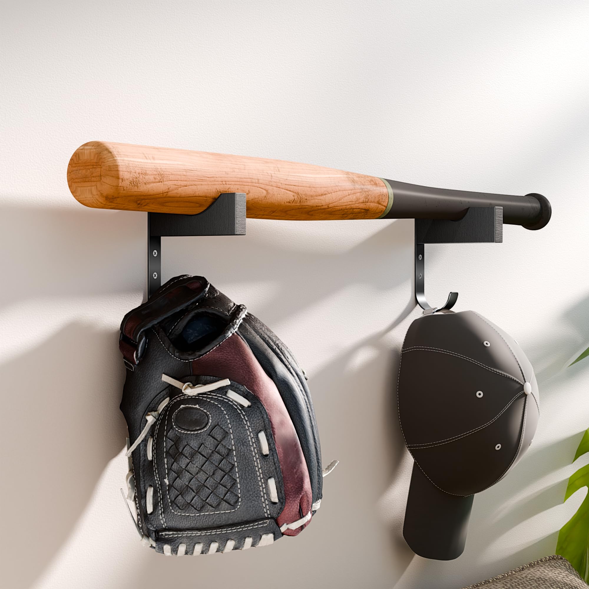 Baseball Bat & Cap Holder Wall Mount:Black Wood&Iron Bat Display Hanger with Hooks for Caps and Gloves,Wall Hanging Hooks for Living Room,Bedroom,