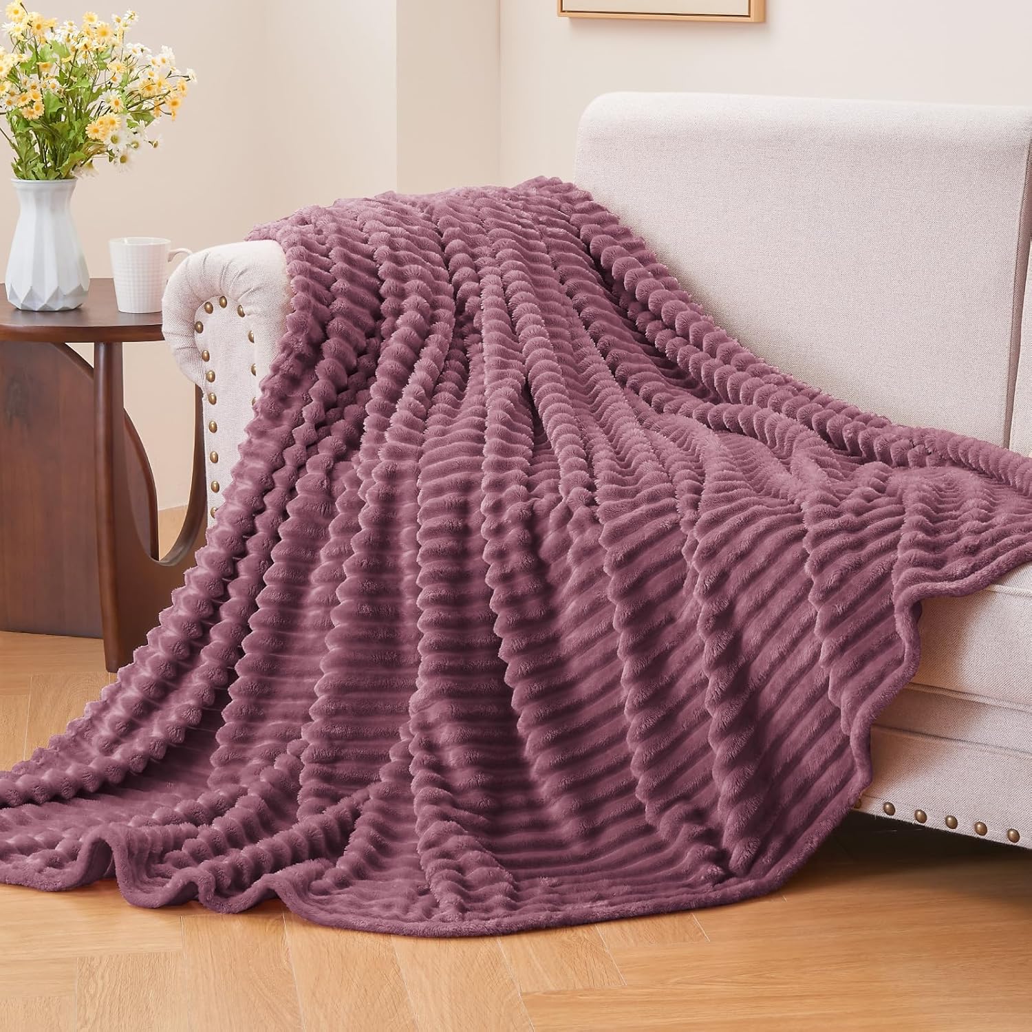 BEDELITE Fleece Throw Blanket for Couch – 3D Ribbed Jacquard Soft and Warm Decorative Fuzzy Blanket – Cozy, Fluffy, Plush Lightweight Plum Throw Blankets for Bed, Sofa, 50x60 inches - Image 2