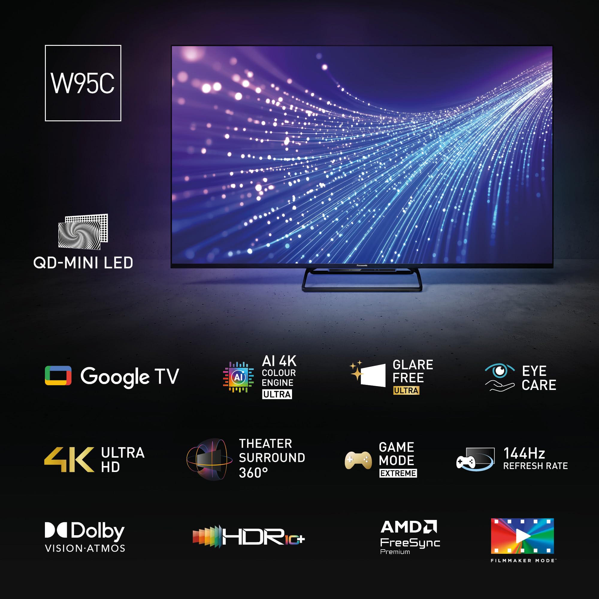 Panasonic TN-65W95C, 4K UHD QD-Mini LED TV, Glare Free Ultra, Google TV | AI 4K Colour Engine Ultra,Theater Surround 360, Google Assistant, Game Mode Extreme 144Hz, 65'' (164cm) , W95C Serie, 2026