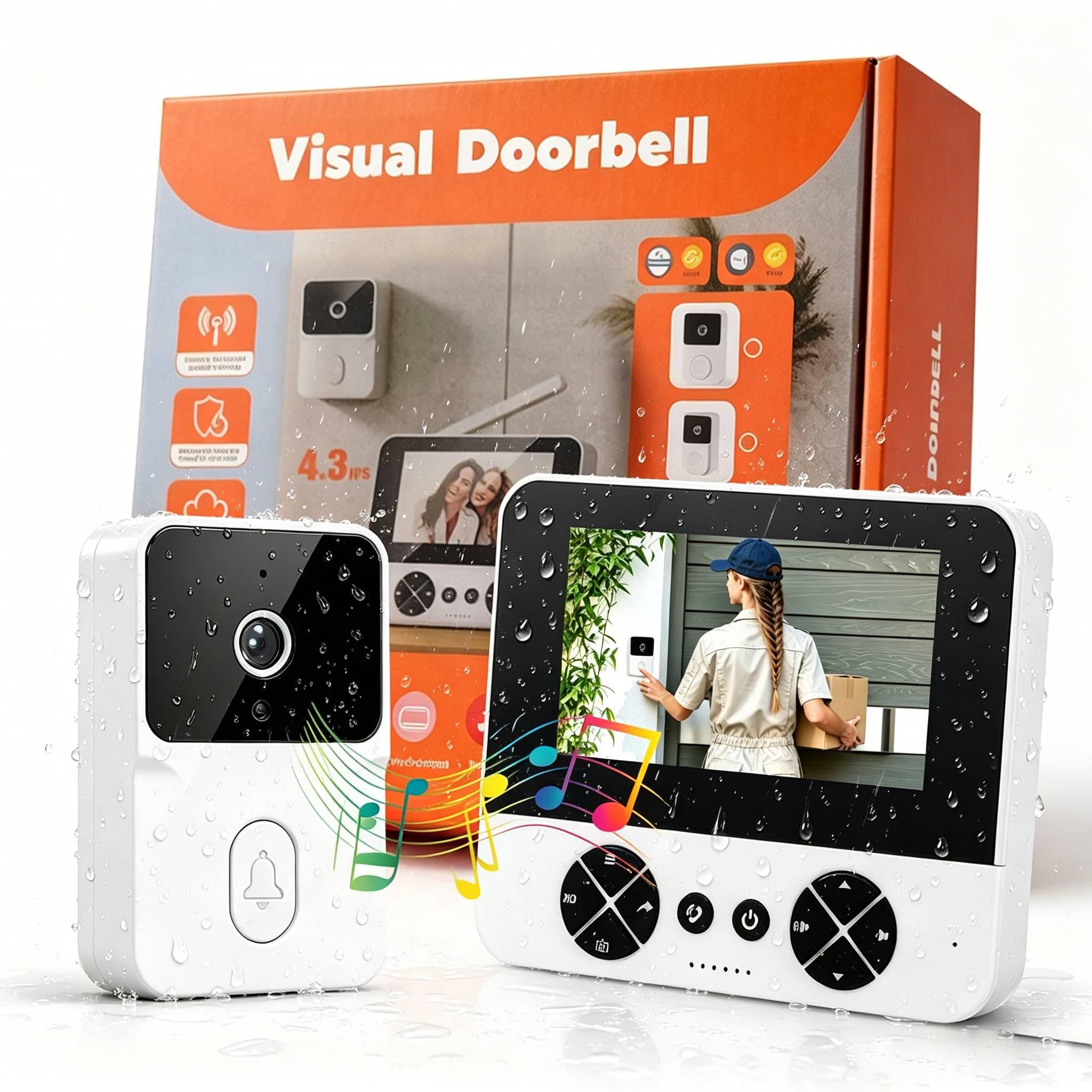 Sonnette avec Caméra 4,3 Pouces Écran Angle Large 80° sans Fil Extérieure Étanche 1080P HD IP65