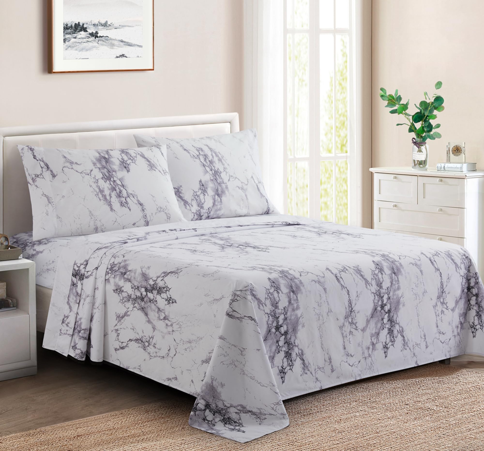 Marina Decoration Printed 600 Thread Count Soft Deep Pocket Hotel Standard Long Staple Cotton Blend Percale All Season 3 Pieces Bedding Sheet Set, White Marble Pattern Twin/Single Size
