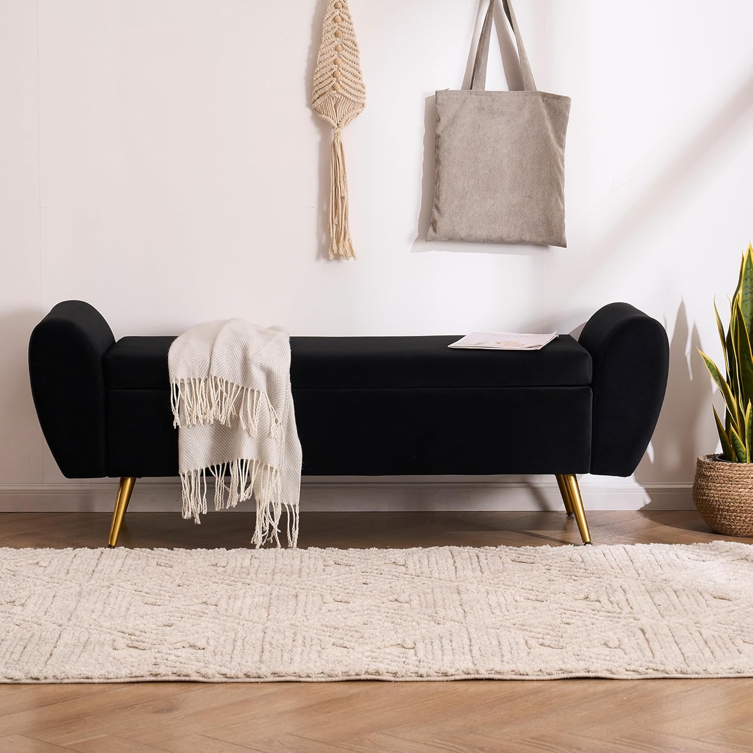 Velvet Storage Bench for Bedroom, 57" Long Bench for King Size Bed, Modern Upholstered End of Bed Ottoman Bench with Arms and Gold Legs for Entryway Living Room (Black) Velvet-black