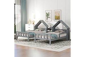 Double Twin Size Bed Frame with House-Shaped Headboard for Kids & Teens - Gray