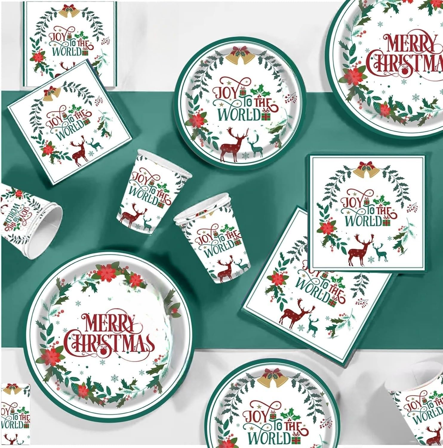 Nappe Noel Ensemble Vaisselle En Papier Noël 100 Pièces - 25 Assiettes Plates 23cm, 25 Assiettes Salade 18cm, 25 Gobelets 270ml, 25 Serviettes - Motifs Sapin, Flocons, Joyeux Noël Assiette Jetable Noel