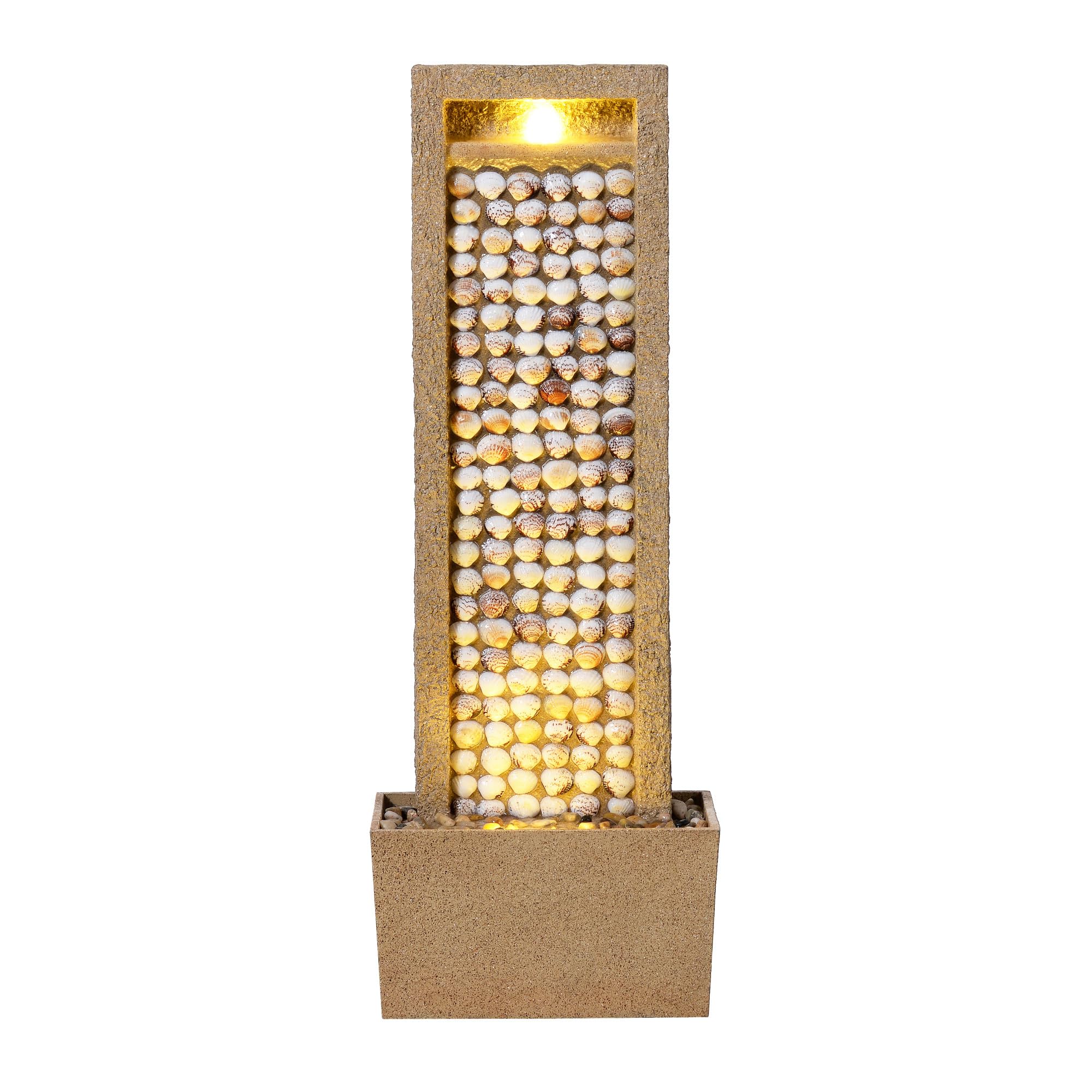 Teamson Home Garden Outdoor Water Feature Tall Waterfall Water Fountain With Warm LED Lights Layered Rock Design Seashells