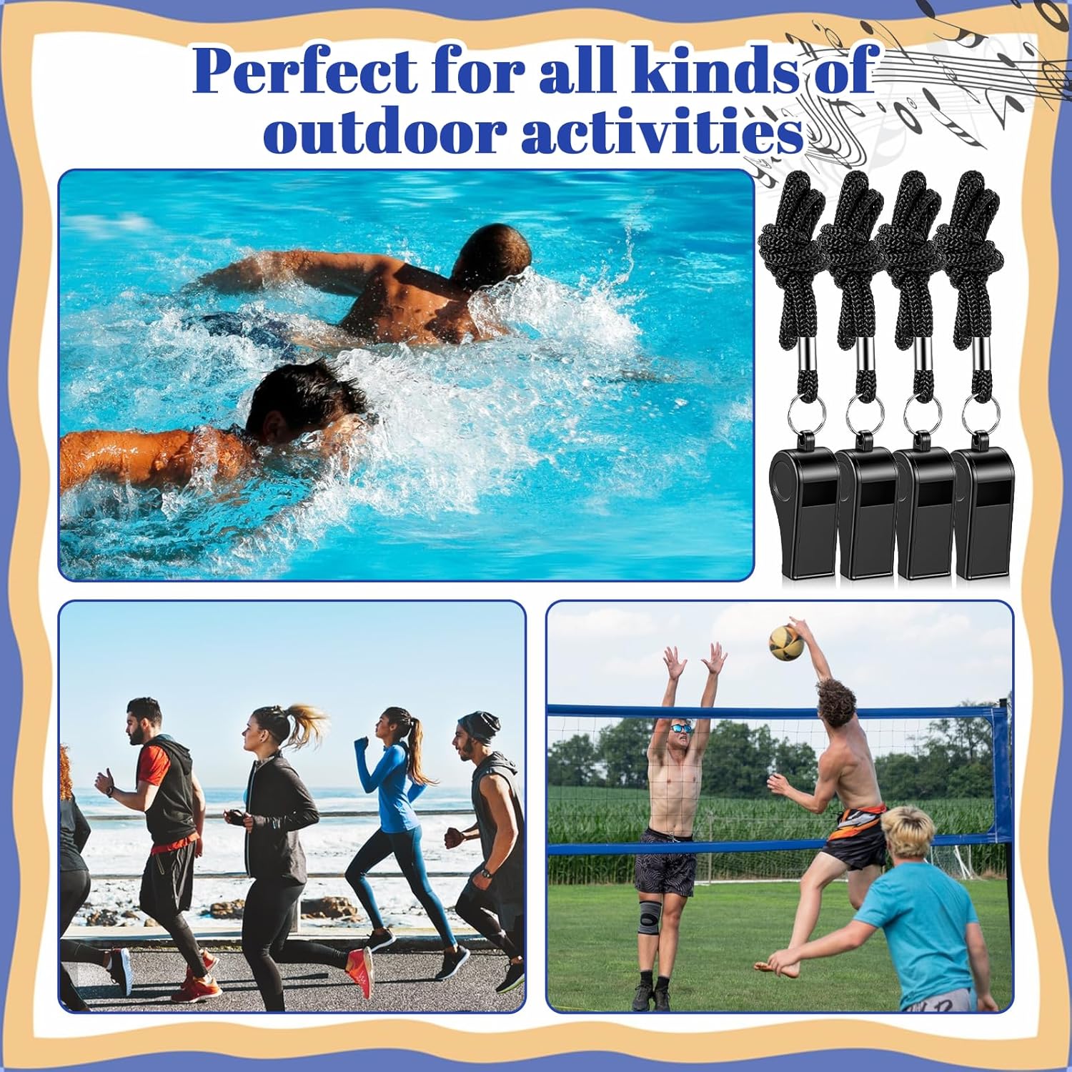 50 Pcs Whistles Bulk with Lanyard, Black Plastic Sports Whistles Reusable Loud Sound Whistle for Coaches, Referees, Outdoor Sports