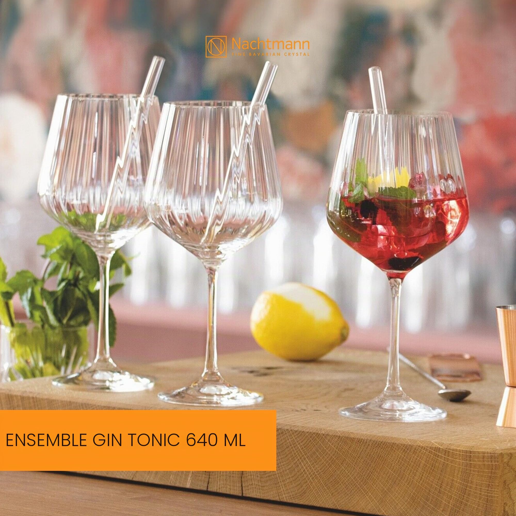 Spiegelau & Nachtmann 103143 Tastes Good Lot de 9 verres à gin Tonic (637 ml), 4 pailles en verre, 1 brosse de nettoyage, transparents