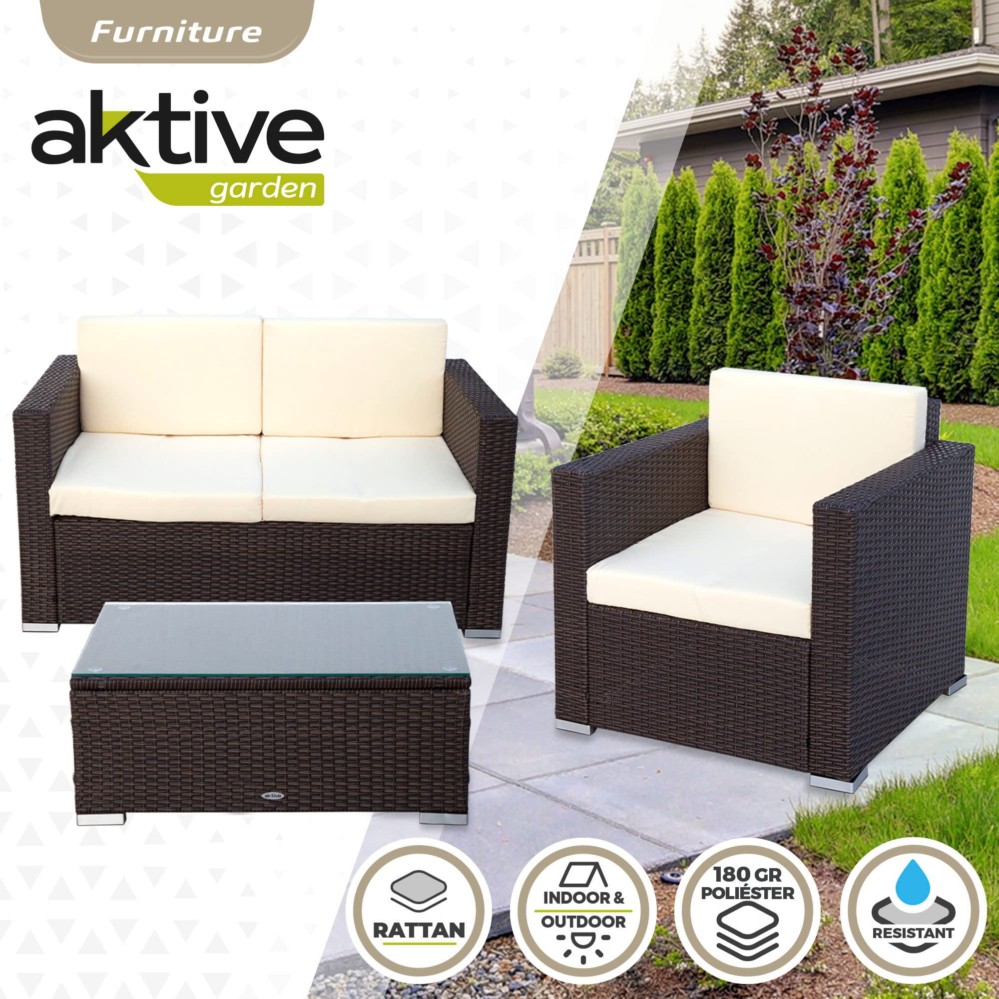 Aktive 61071 - Zestaw ogrodowy rattanowe meble ogrodowe, Ratan zestaw ogrodowy, meble tarasowe na zewnątrz, w tym 2 fotele ogrodowe na zewnątrz, 1 sofa na zewnątrz i 1 stół taras zewnętrzny