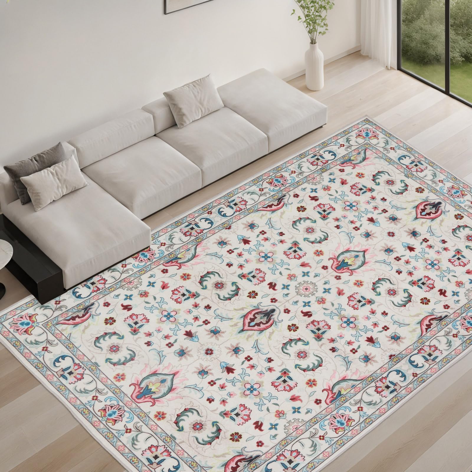 Area Rugs for Living Room, Machine Washable Rug Traditional Boho Floral Design Rugs for Living Room, Bedroom, Hallway, Flat-weave Area Rugs 120x160cm, Light Green, 303-08120