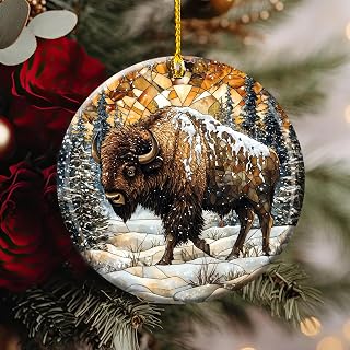 Rustic Bison Ceramic Christmas Ornament – Buffalo Wildlife Winter Decoration, Nature Lover Rustic Cabin Holiday Tree Ornament, Animal for Outdoor Enthusiasts (HC-70)