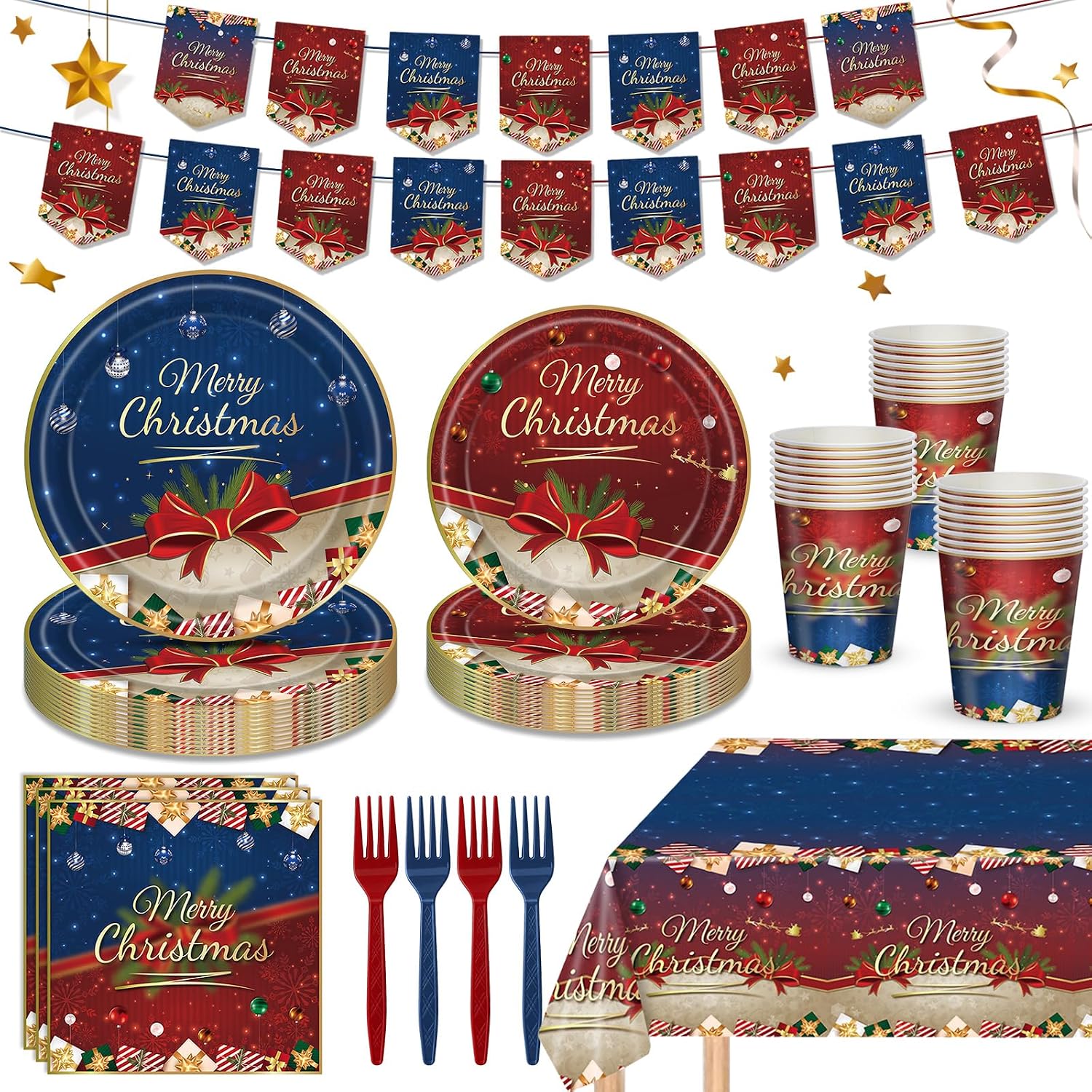 122 PCS Christmas Party Supplies Serve 24 Guests Merry Christmas Plates and Napkins Party Decorations Disposable Dinnerware Set Decor Red and Blue