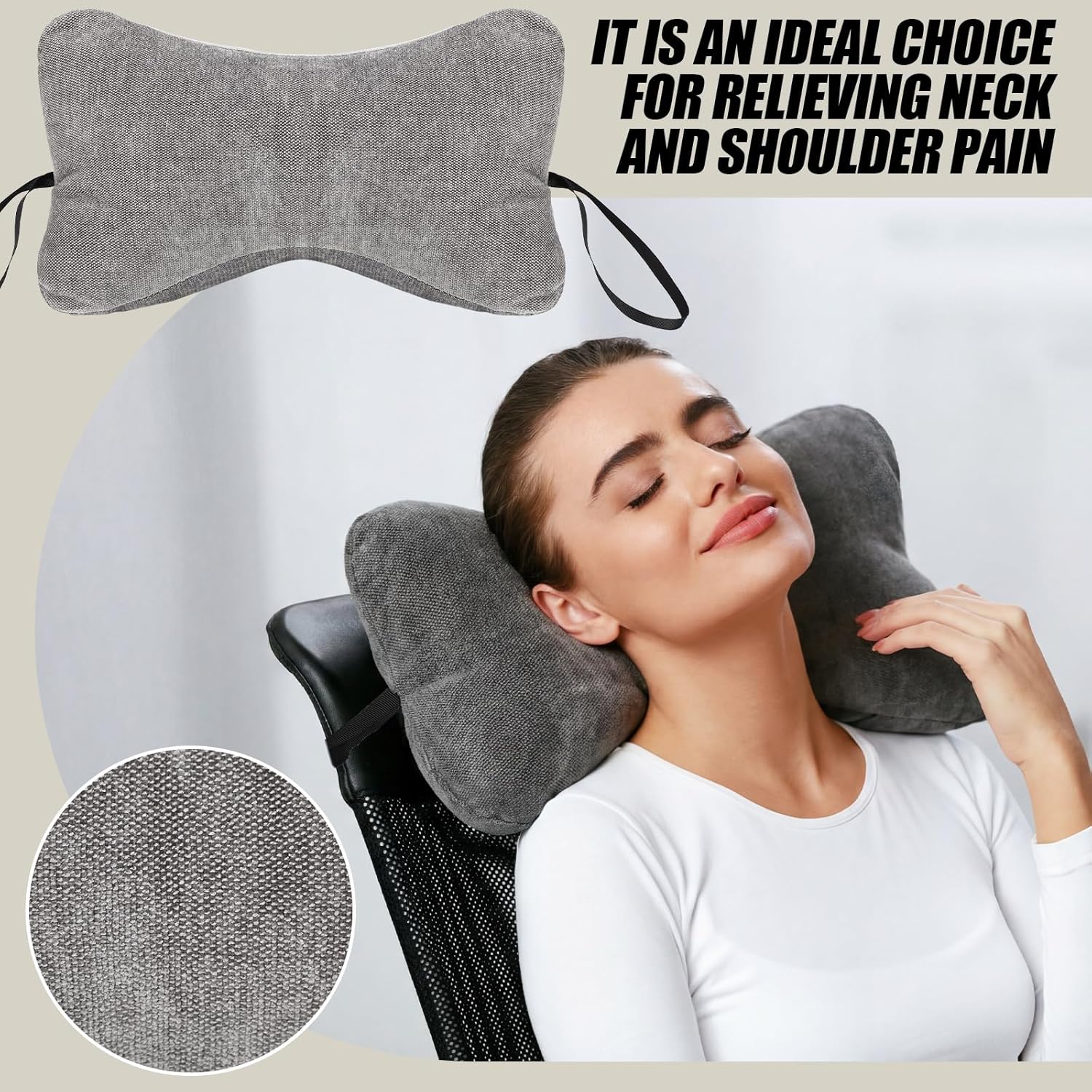 AceOrbit Dog Bone Shaped Travel Neck Pillow with Washable Removable Cover Have Loops on Either End for Car Bus Truck Driving Comfort Head Rest Support Neck Cervical Chiropractic Pillow (Gray)