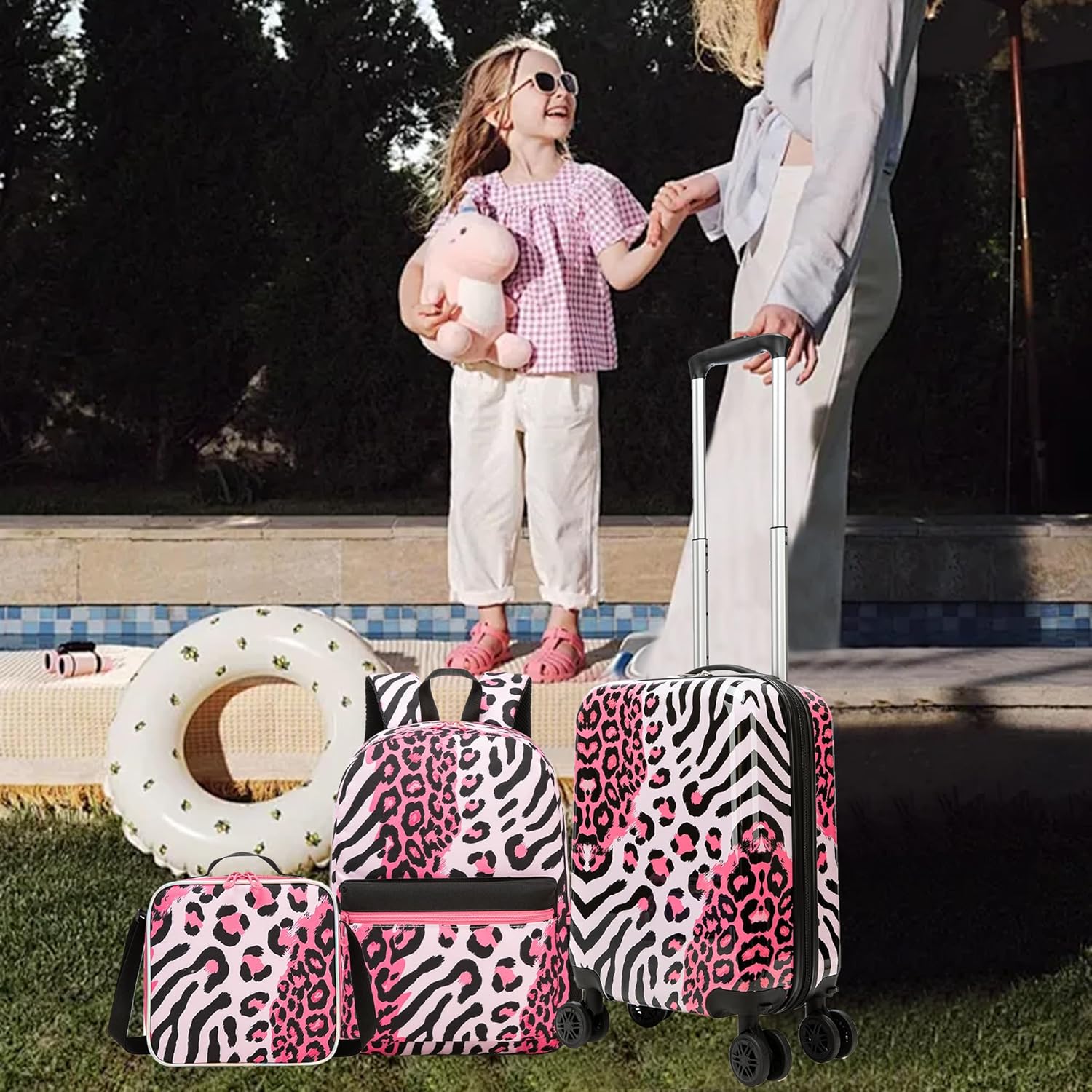 Kids Carry on Luggage Set 5 Piece Kids Luggage with Wheels Backpack with Lunch Box 16" Toddler Suitcase for Girls Airline Approved (Pink Leopard)