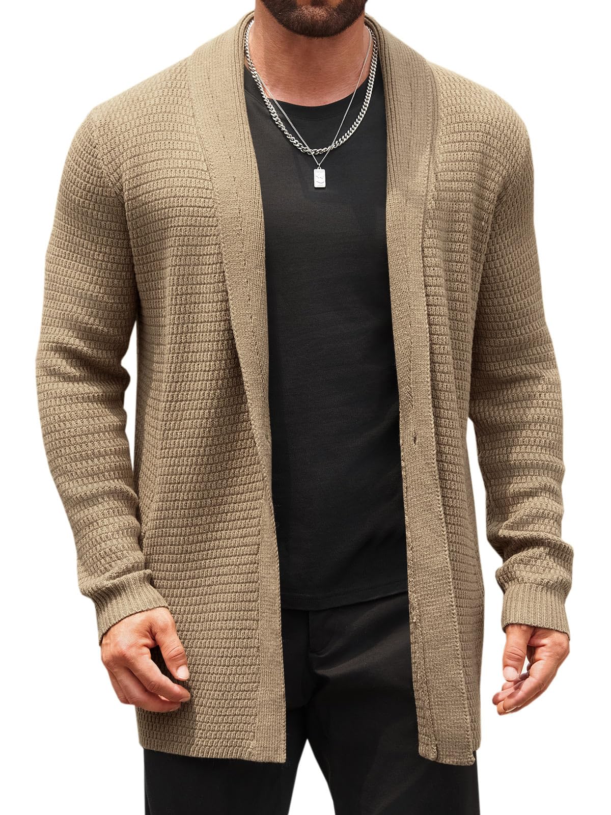Runcati Mens Cardigan Sweater Shawl Collar Cable Knit Cardiagn Long Winter Open Front Sweaters with Pockets